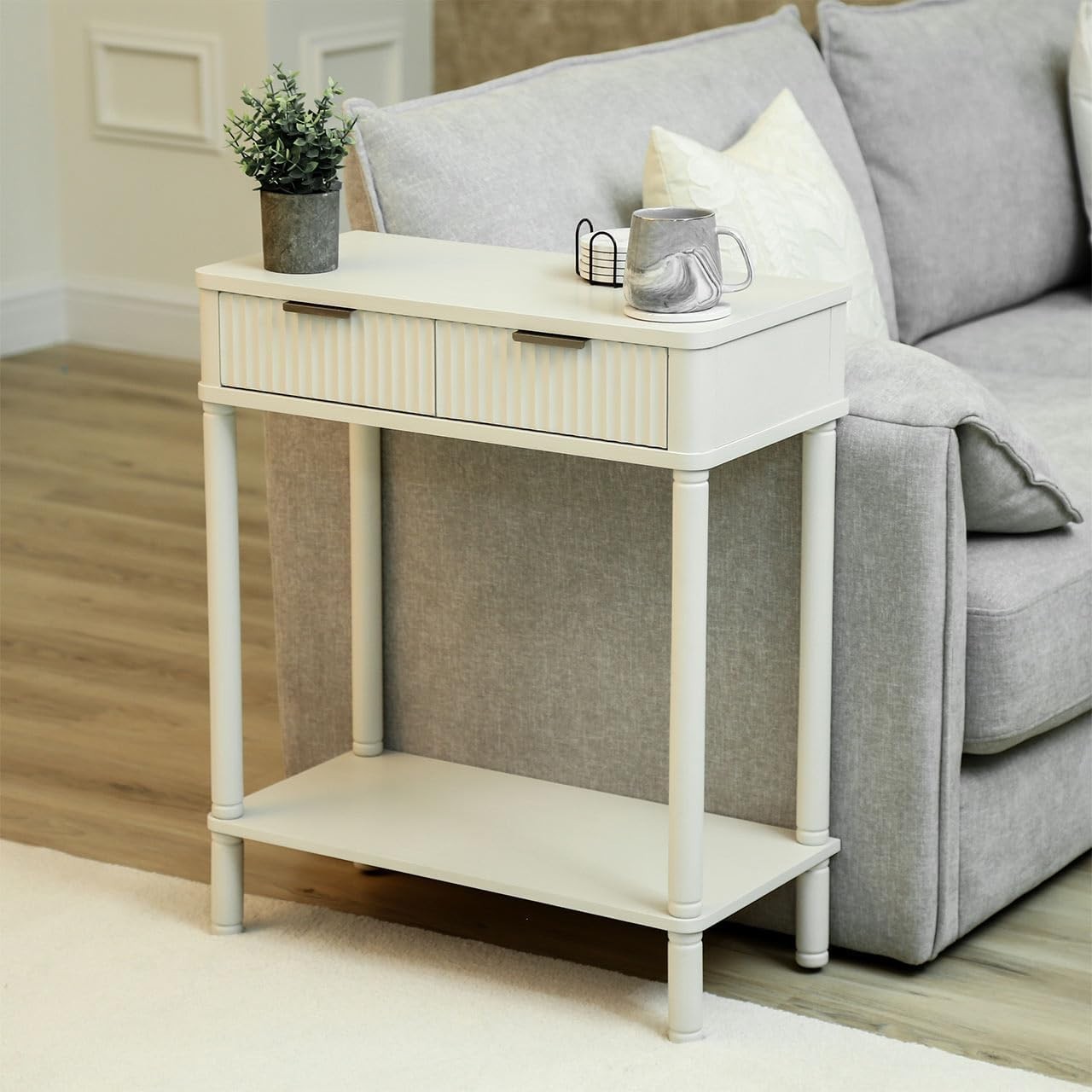 Slim White Console Table with 2 Drawers & Storage Shelf, 71H x 60W x 30D cm