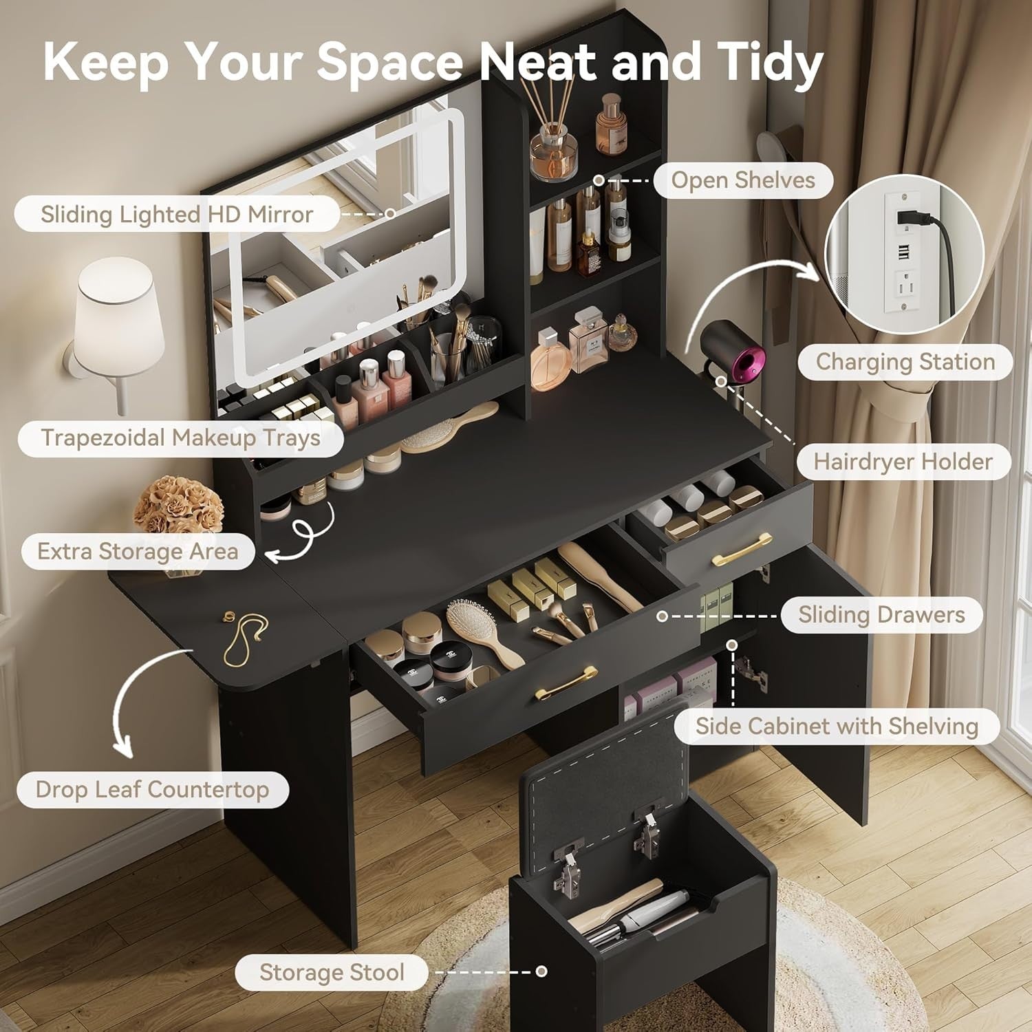 Wood Vanity Table Set w/ 3 Drawers, Lighted Mirror, USB Ports, Hairdryer Holder