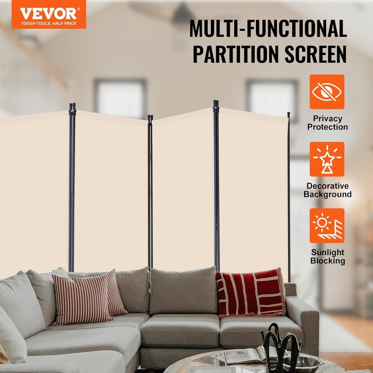 4 Panel Beige Folding Room Divider Privacy Screen Partition 364x184cm
