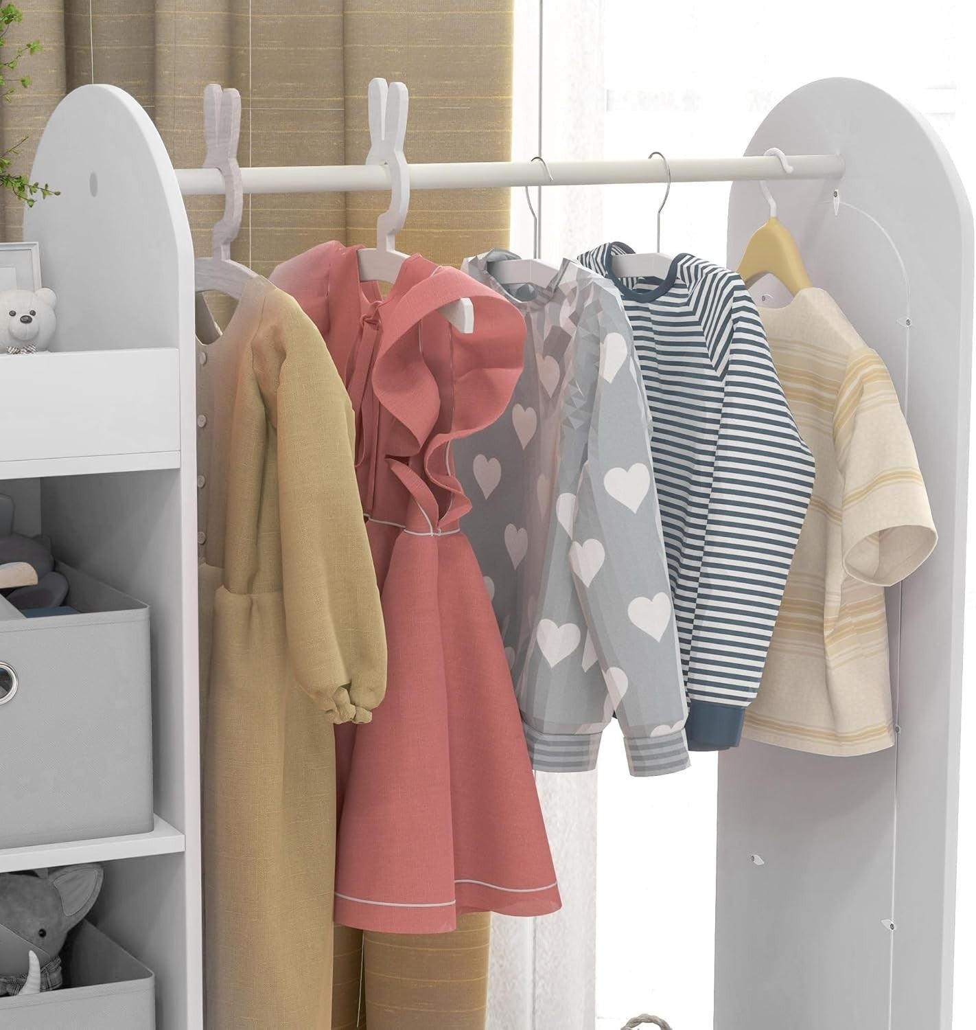 Kids Wardrobe with Mirror & Boxes, Dress Up Rail White
