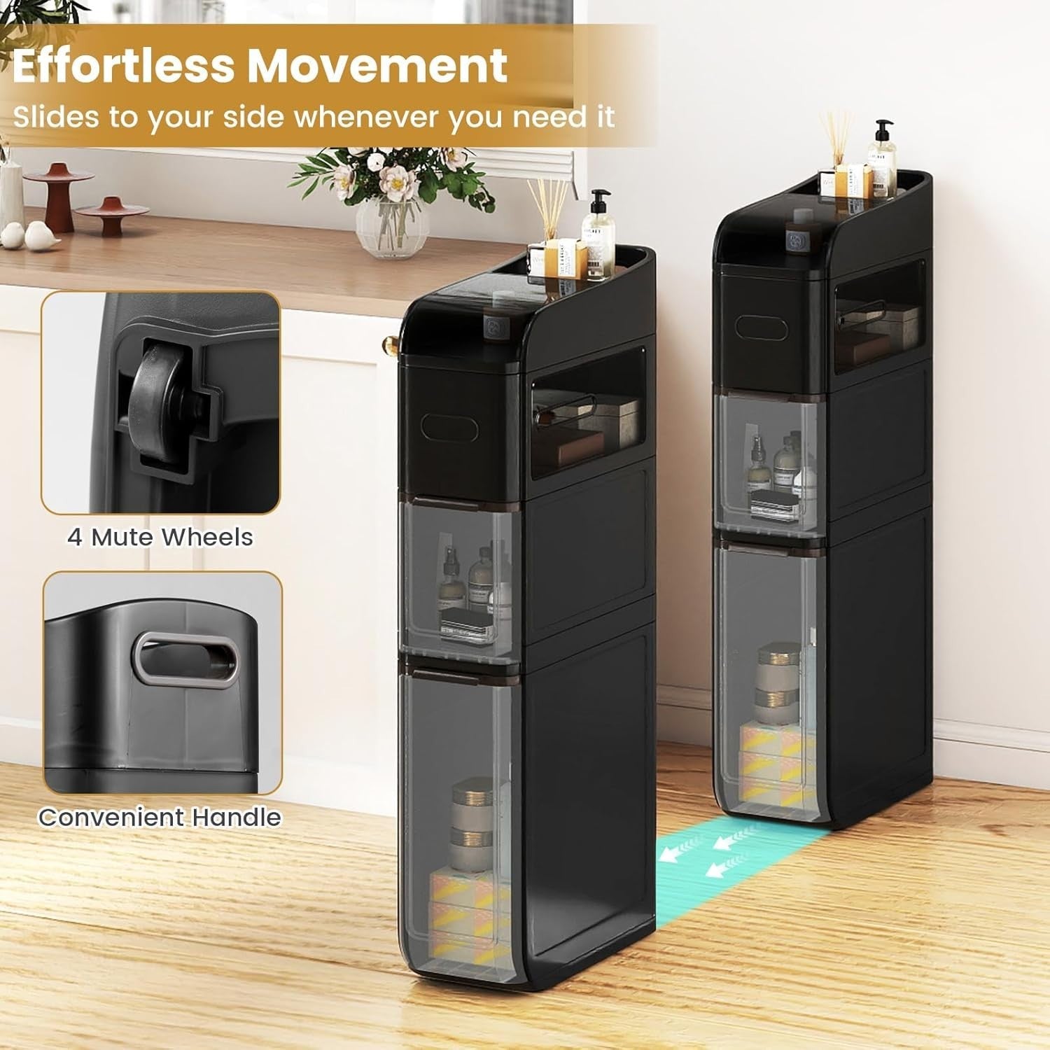 Slim Bathroom Storage Cabinet Rolling Organizer Drawers Black Wheels