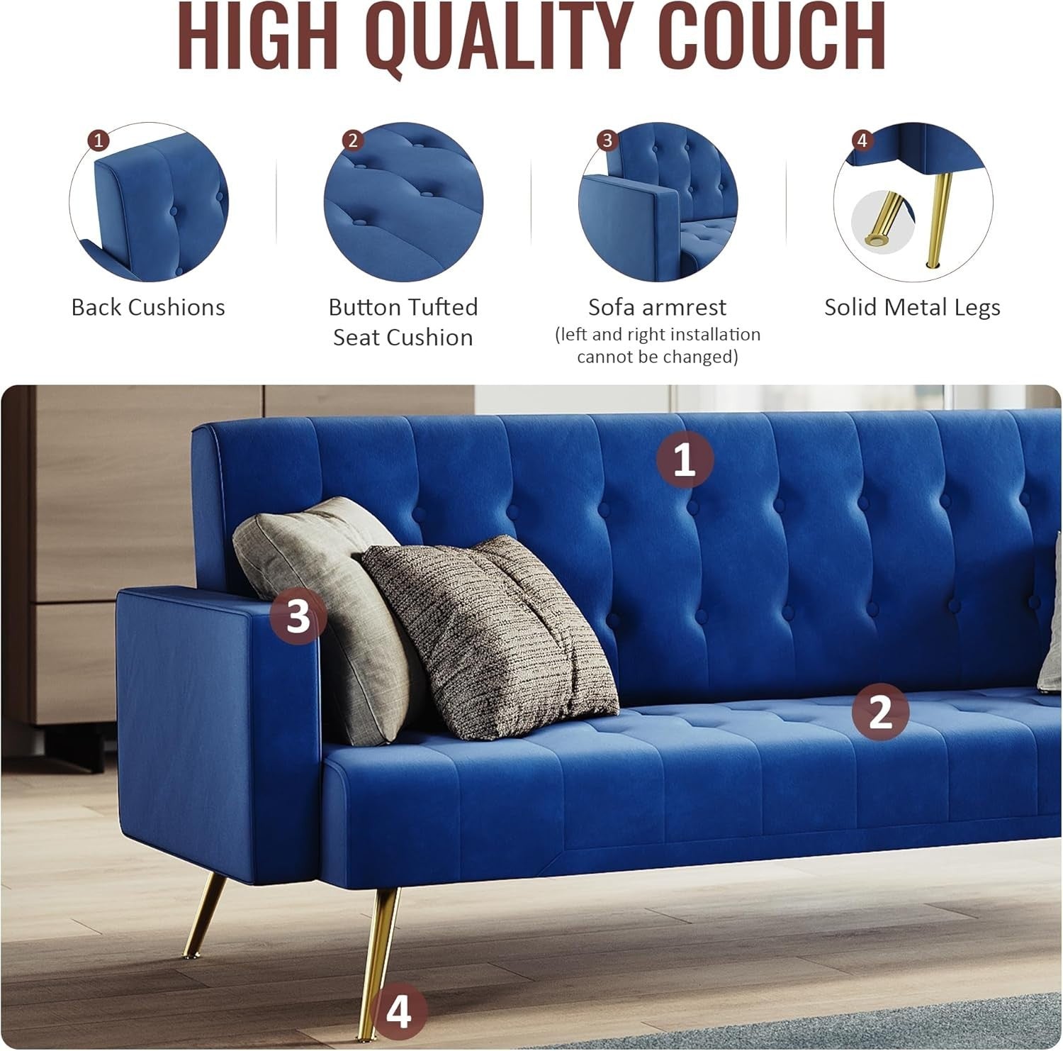 Blue Velvet Sofa Bed 3 Seater Click Clack Couch for Lounge Home Office