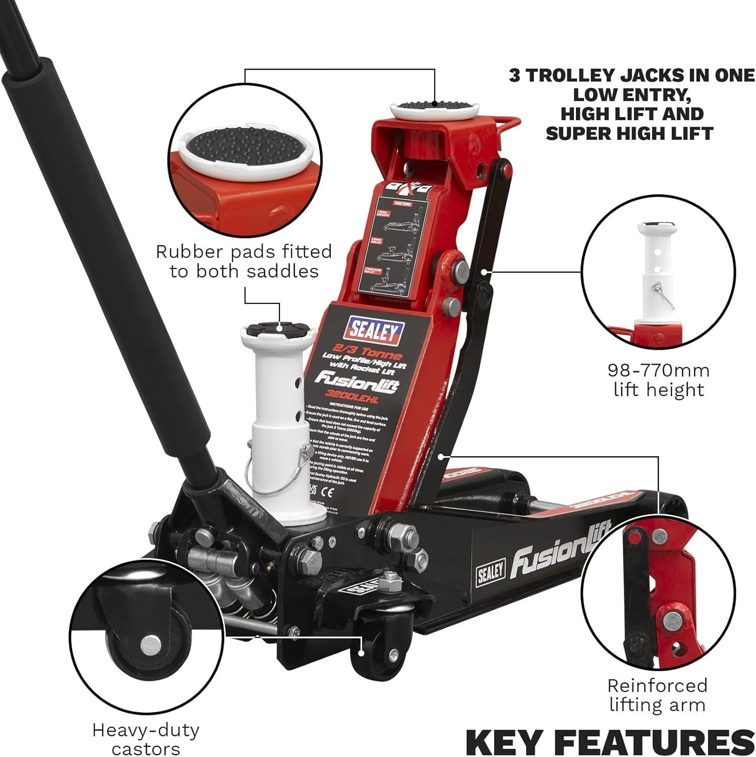 3 Ton Low Profile High Lift Trolley Jack Super High Reach Rocket Lift 98–770mm