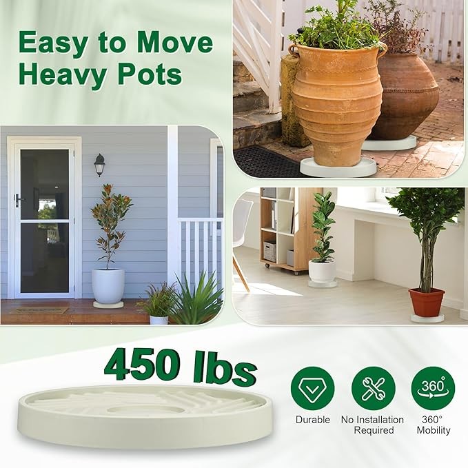 2 Pack 14 Inch Round Plant Caddy with Wheels Rolling Tray Stand Beige Indoor