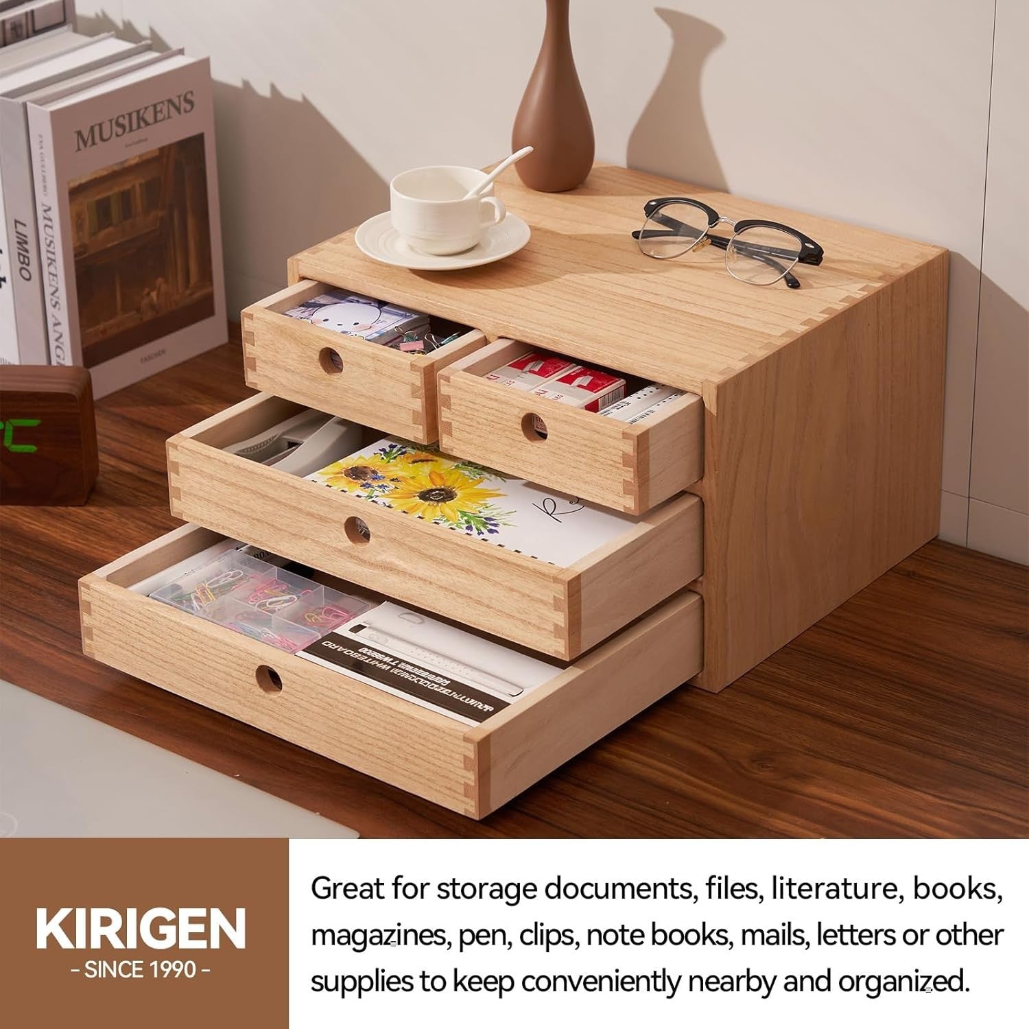 Natural Wood Desktop Organizer 4 Drawer 35cm Filing Makeup Storage