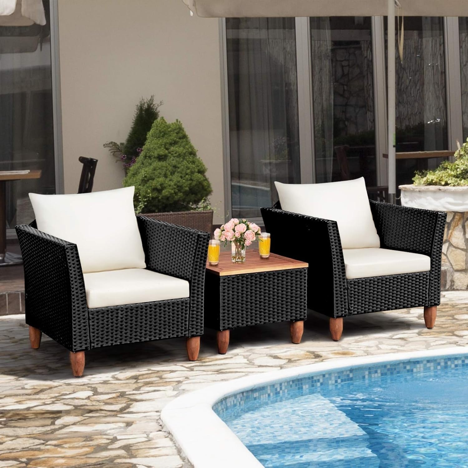 3pc Rattan Patio Set Garden Sofas w/ Cushions & Acacia Coffee Table