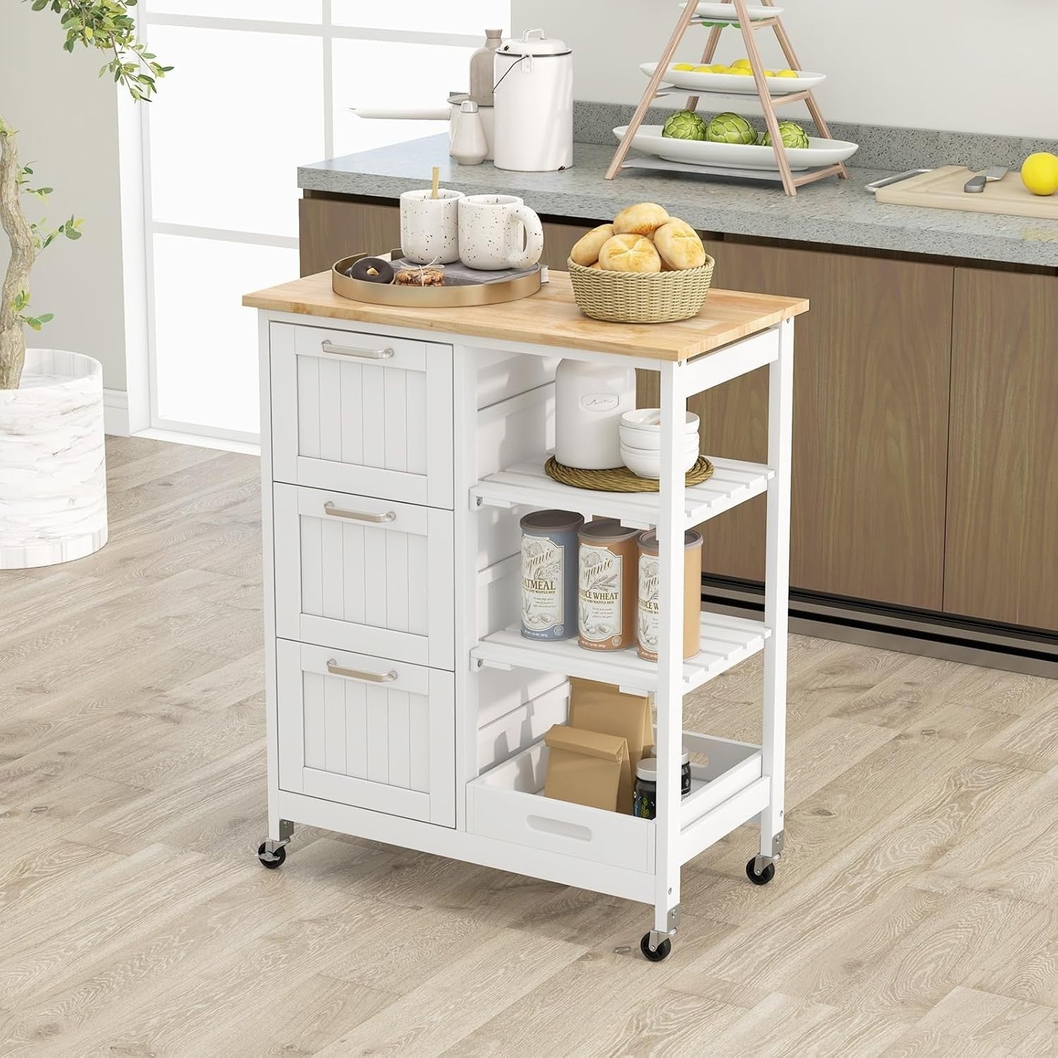 White Kitchen Island Cart 3 Drawers Rolling Trolley