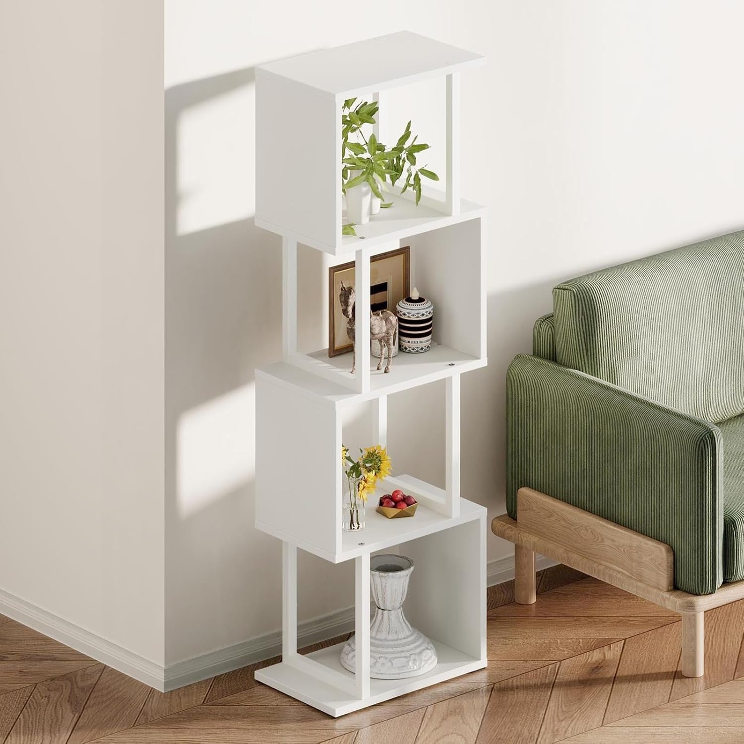 5-Tier S-Shaped Bookcase White Display Shelf with LED Lights Modern Storage Unit