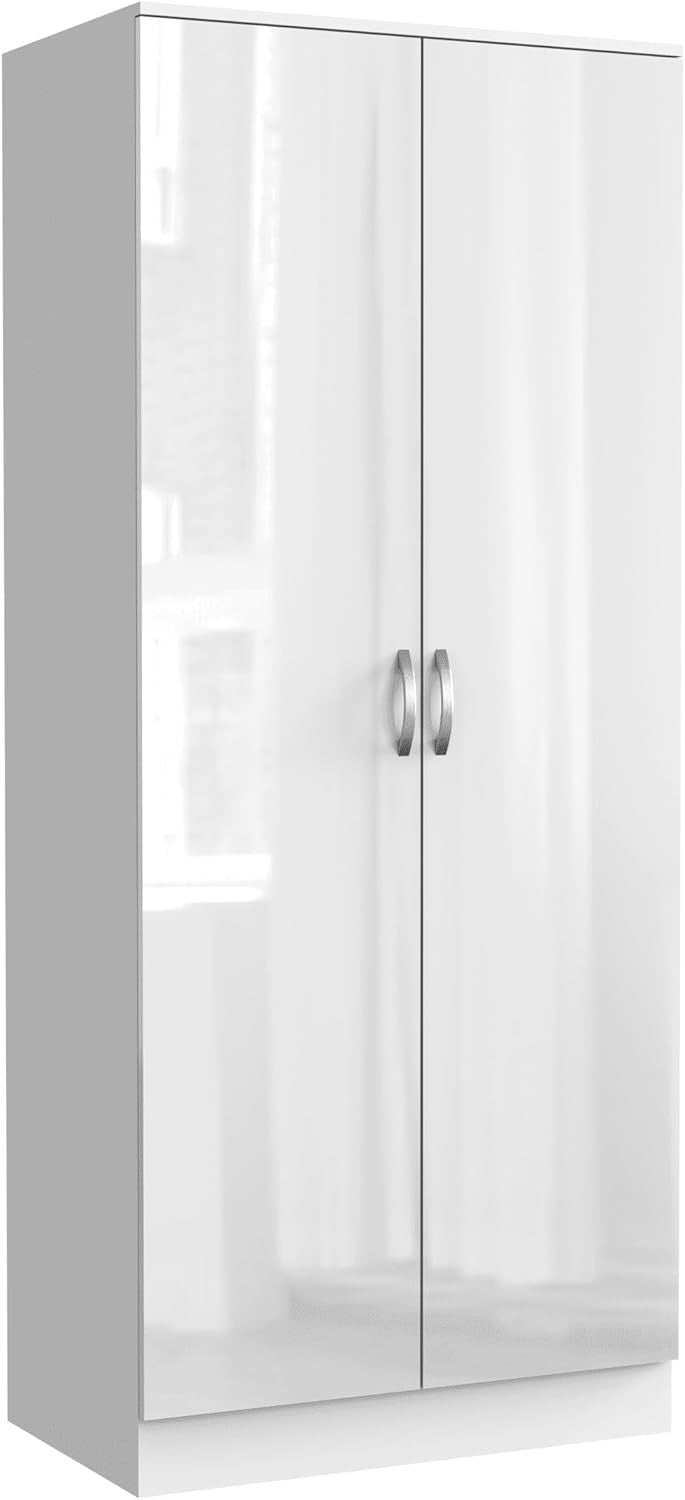White High Gloss 2 Door Slim Wardrobe with Hanging Rail & Shelf 180cm