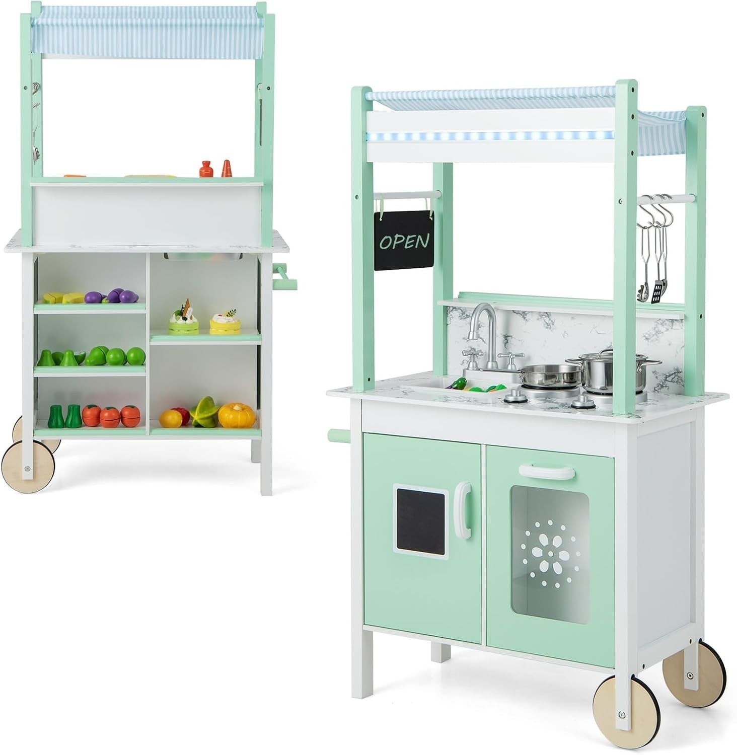 Kids Play Kitchen Grocery Store LED Lights Double Sided Toy Set