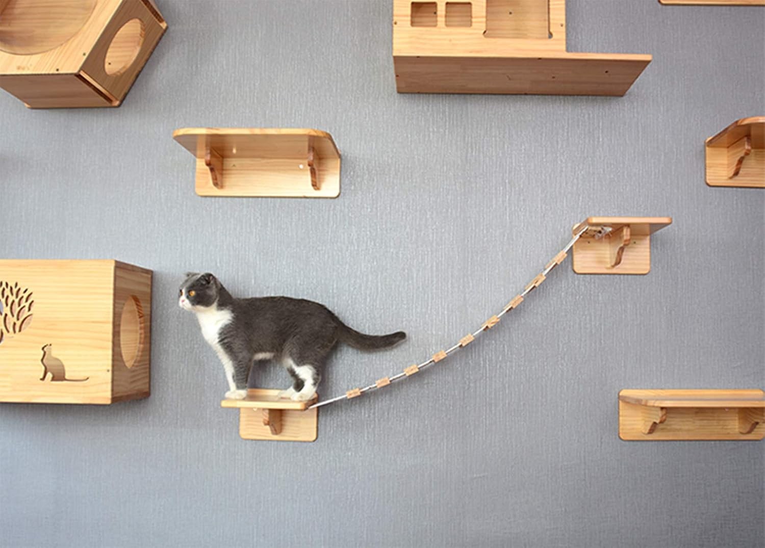 Wall Mounted Cat Climbing Ladder Shelves Wooden Perch Platform Natural Wood