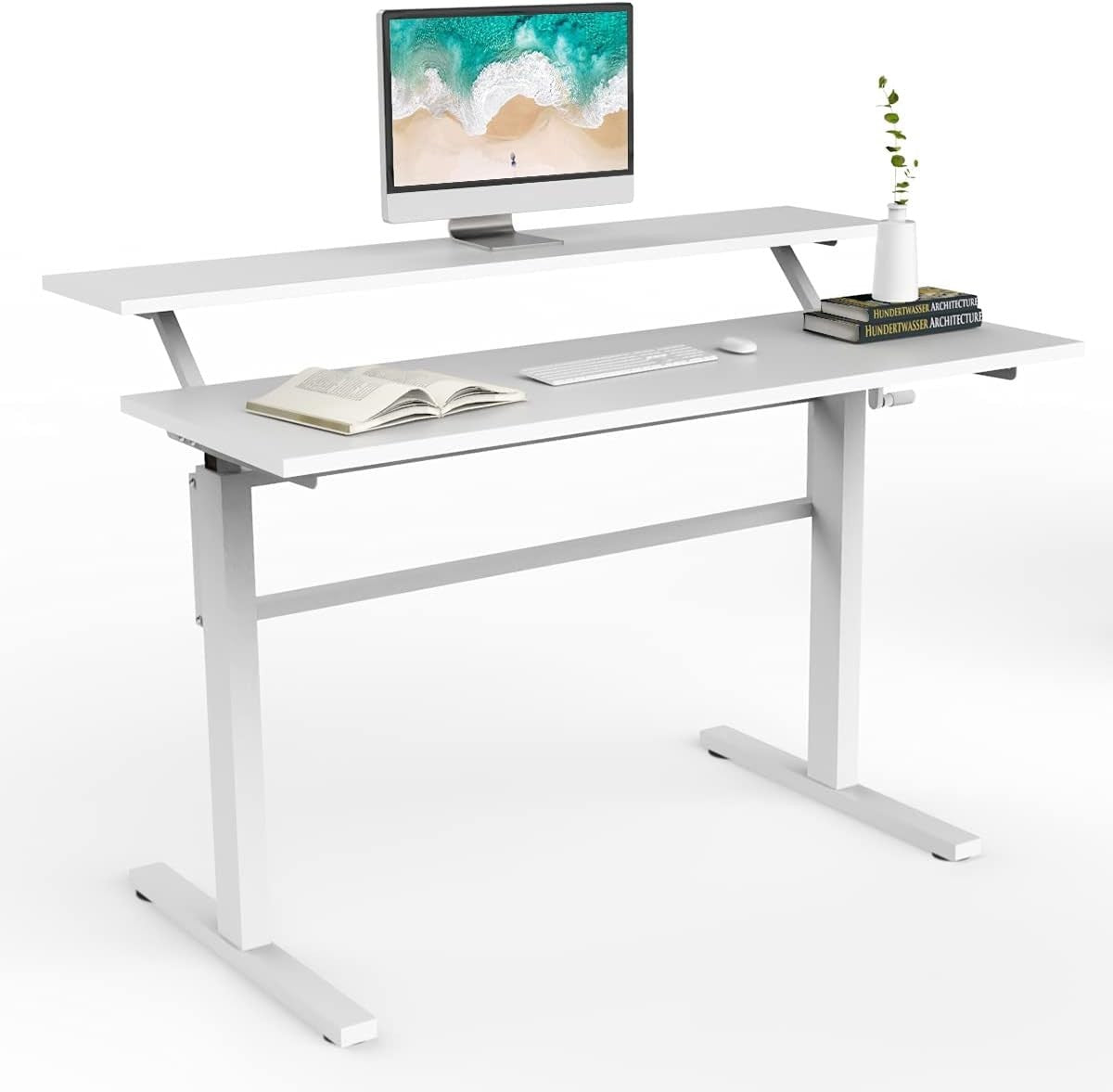 White Adjustable Standing Desk 113cm Crank Handle Sit Stand Table
