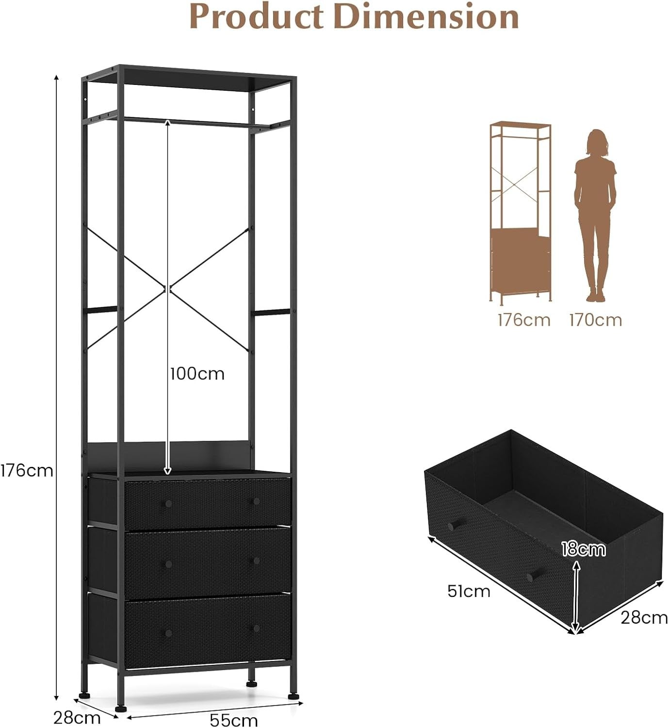 Clothes Rail Black 3 Drawers Freestanding Wardrobe Rack