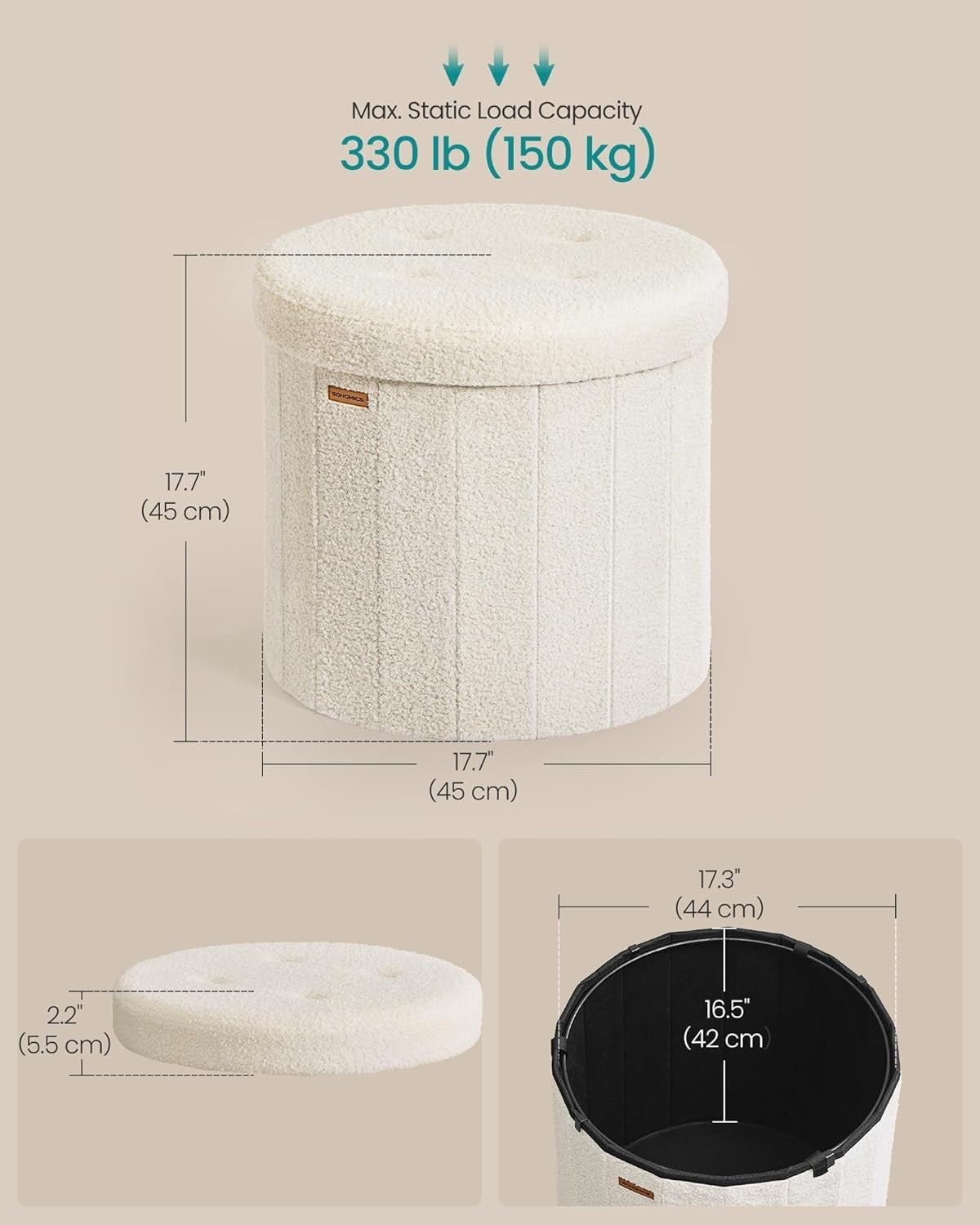 Cream Teddy Fleece Round Storage Ottoman Foldable Footstool Seat 46cm