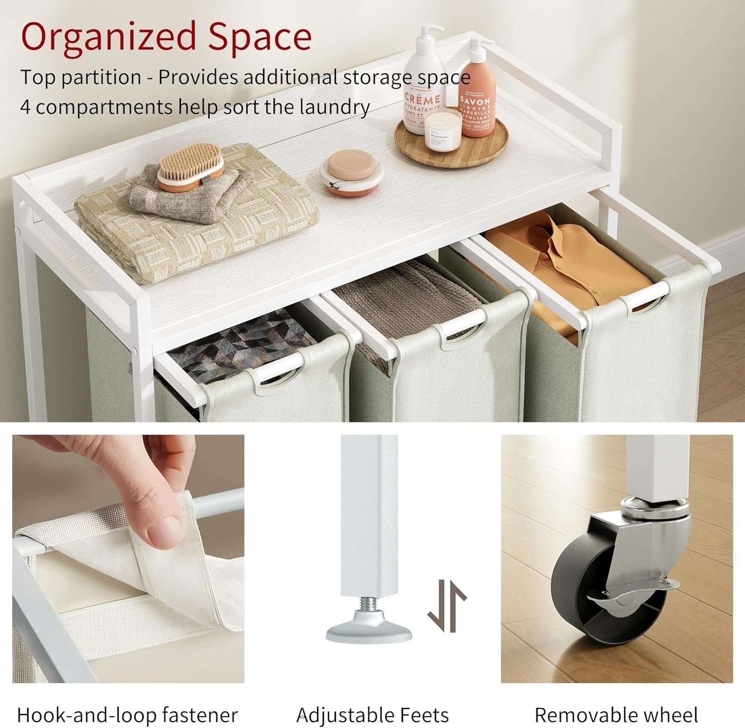 3 Section Laundry Basket with Shelf White Removable Bags Wheels 180L Modern