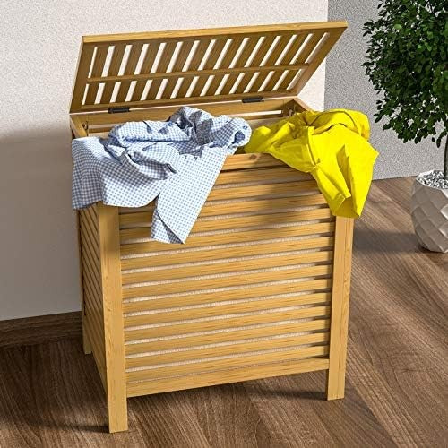 Set of 2 Bamboo Laundry Baskets 124L With Liner Ventilated Moisture-Resistant