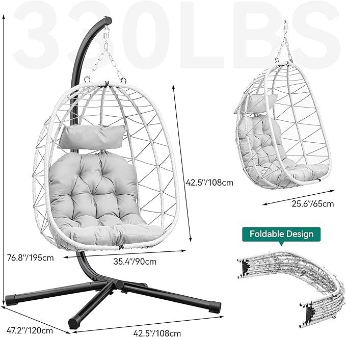 Luxury Hanging Egg Chair with Stand Outdoor Rattan Swing Seat Grey Cushion