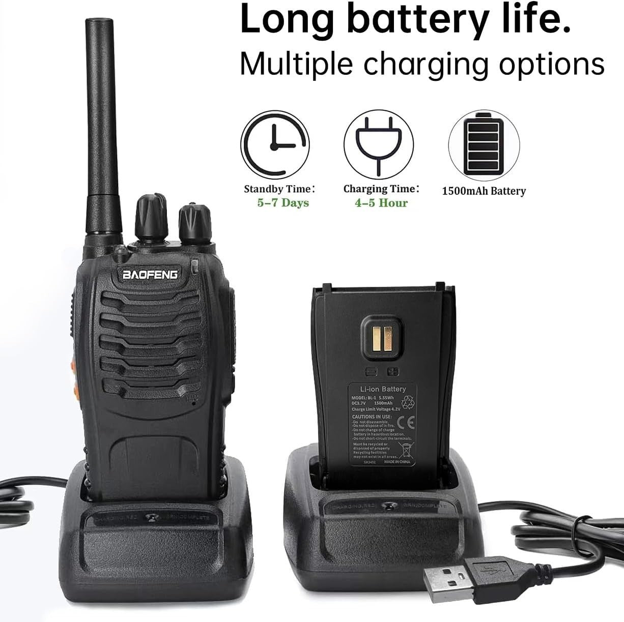 Long Range Walkie Talkies 4 Pack Rechargeable 2 Way Radios VOX USB Set