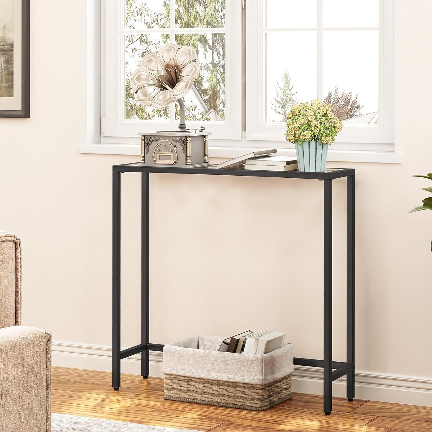 Slim Black Console Table with Glass Top, Modern Metal Frame, 75x22x80cm