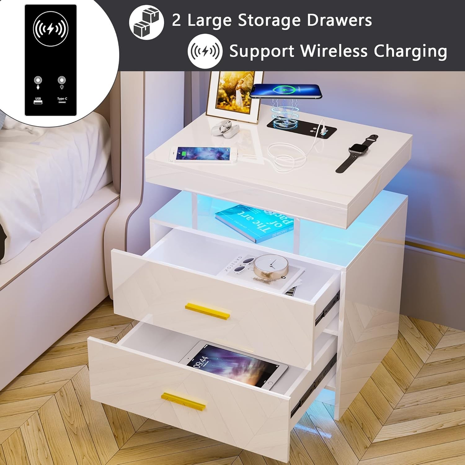 White LED Bedside Table Wireless Charging, Glass Top & 2 Drawers Modern
