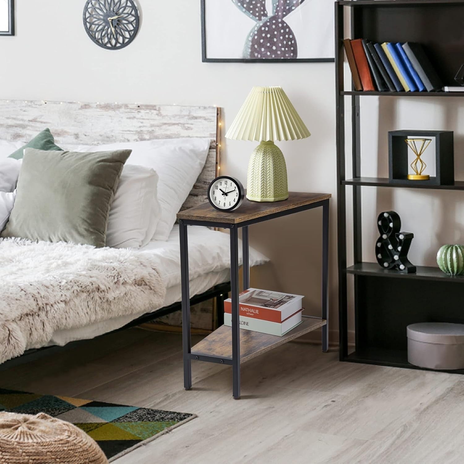 Triangle Corner End Table with Shelf – Slim Tall Side Table for Small Spaces