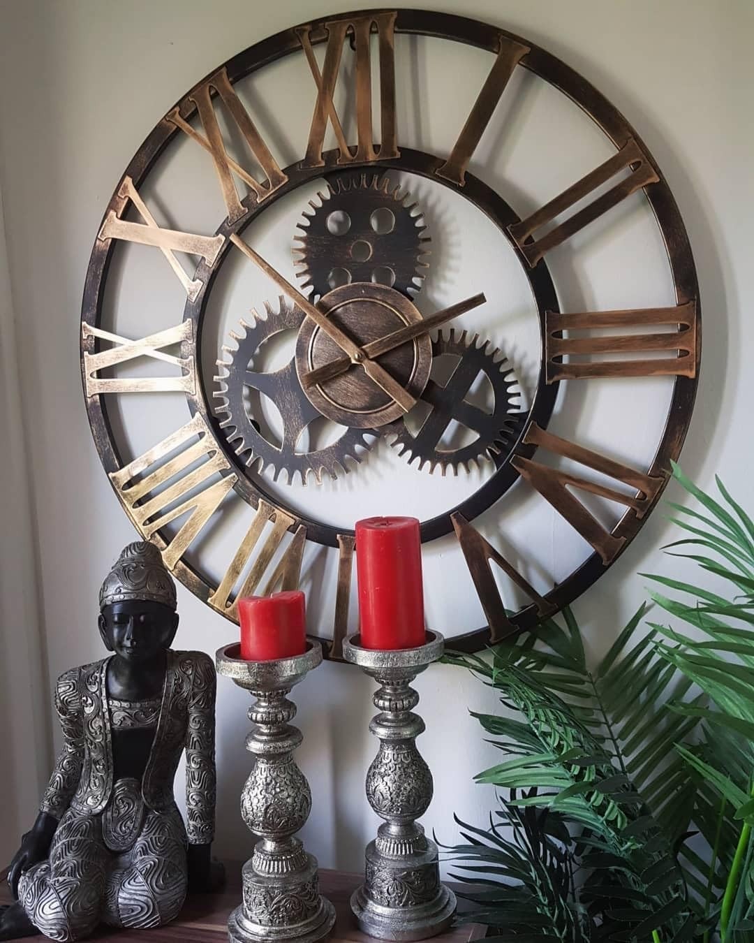 Large Rustic Gold Metal Skeleton Wall Clock - Silent Roman Numerals Decor