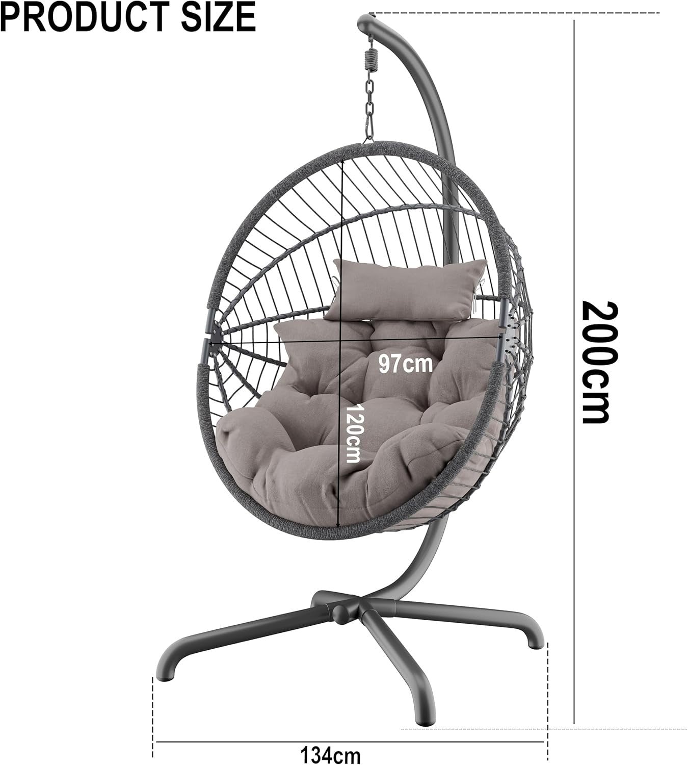 Dark Grey Hanging Egg Chair with Stand Adjustable Swing Indoor Outdoor Seat
