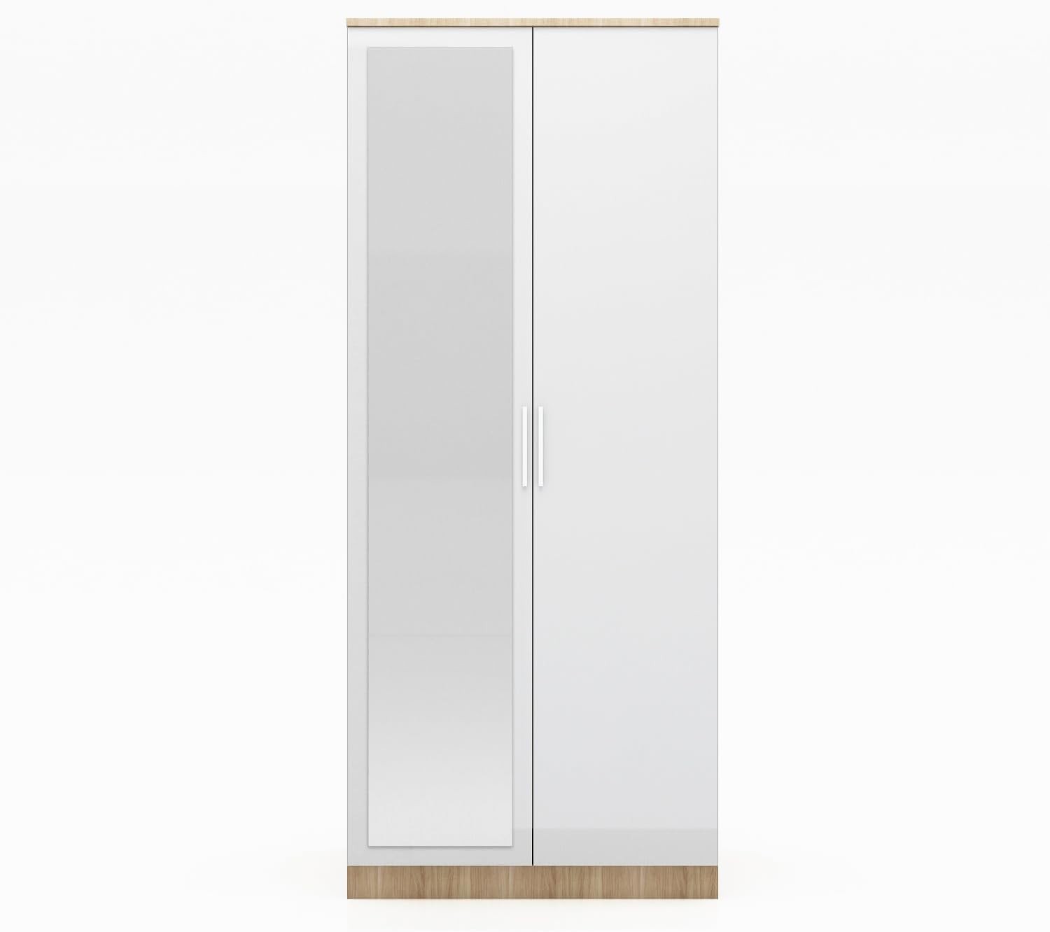 White Oak 2 Door Wardrobe with Full-Length Mirror Soft-Close Metal Handles