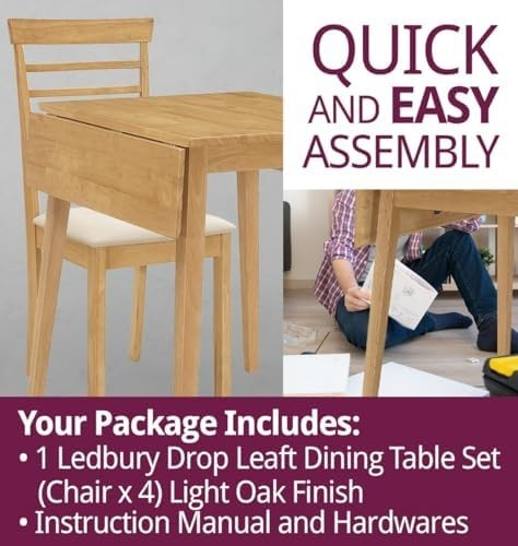 Drop Leaf Dining Table Set with 4 Chairs Light Oak Ladder Back Space Saver