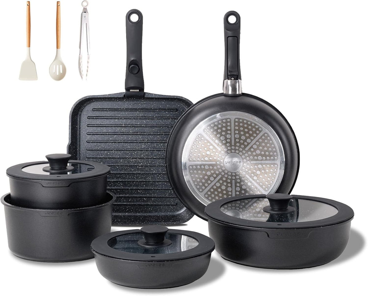 25pcs Black Non Stick Cookware Set Induction Pots & Pans with Detachable Handles
