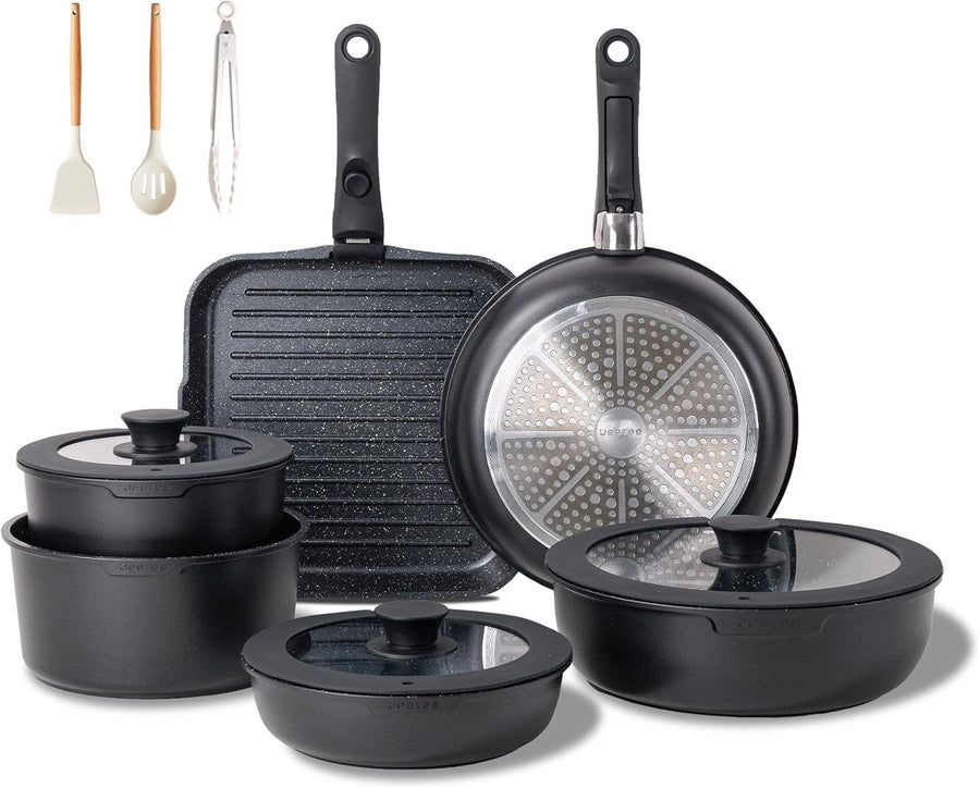 25pcs Black Non Stick Cookware Set Induction Pots & Pans with Detachable Handles