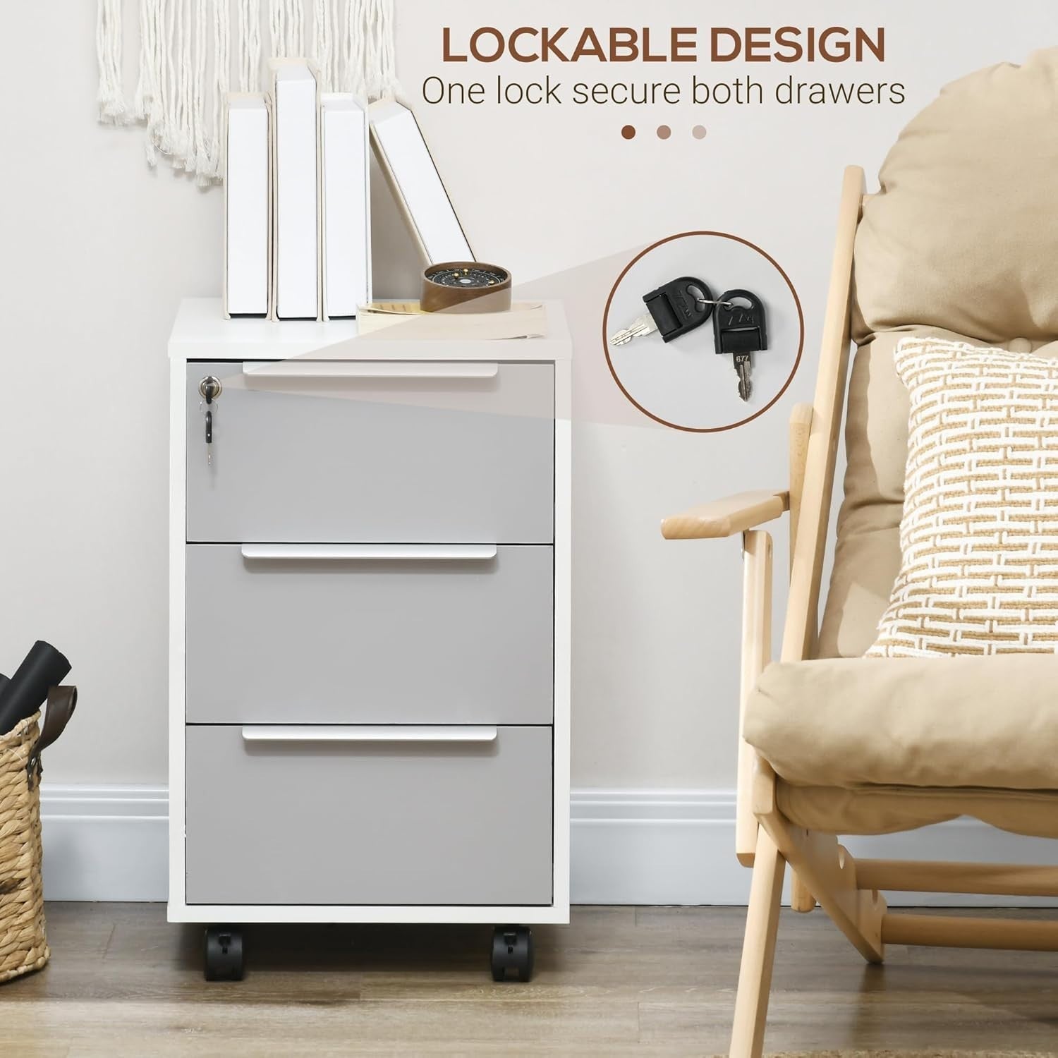 Locking 3 Drawer Rolling File Cabinet Under Desk Office Storage Unit