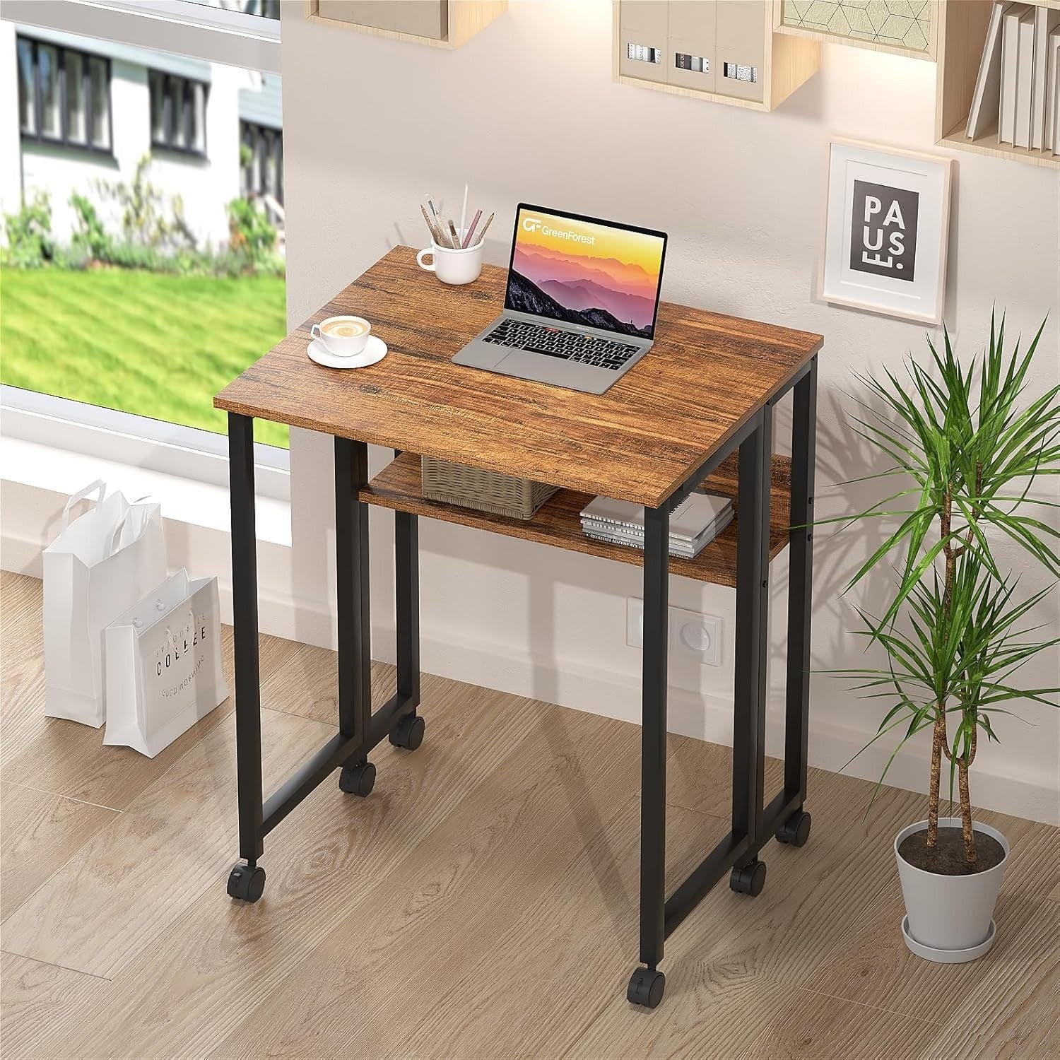 Folding Desk with Shelf & Wheels 31.5" Compact Walnut Rolling Computer Table