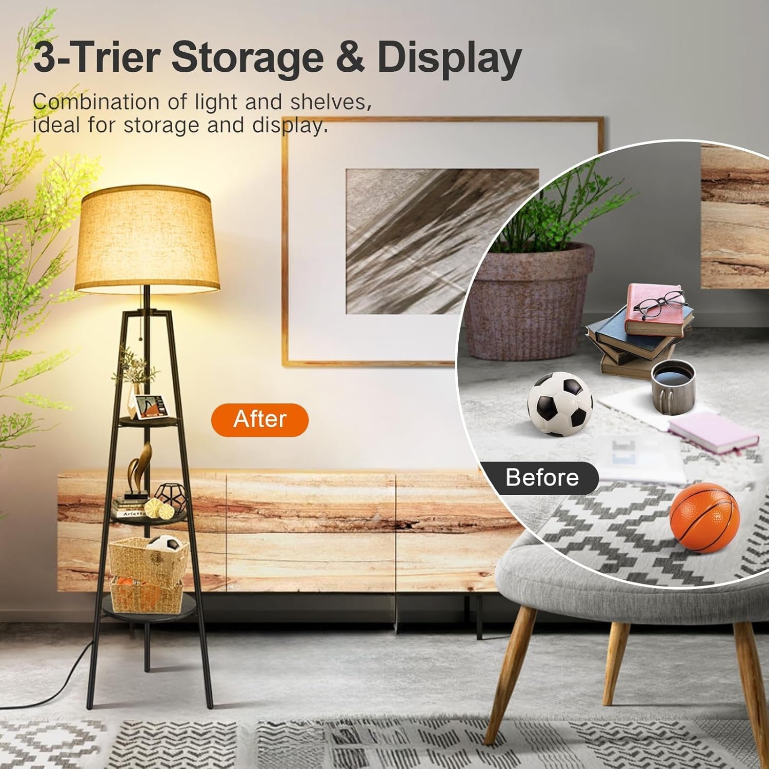 Tripod Floor Lamp with Shelves Remote Dimmable 4 Color Temps Timer Black