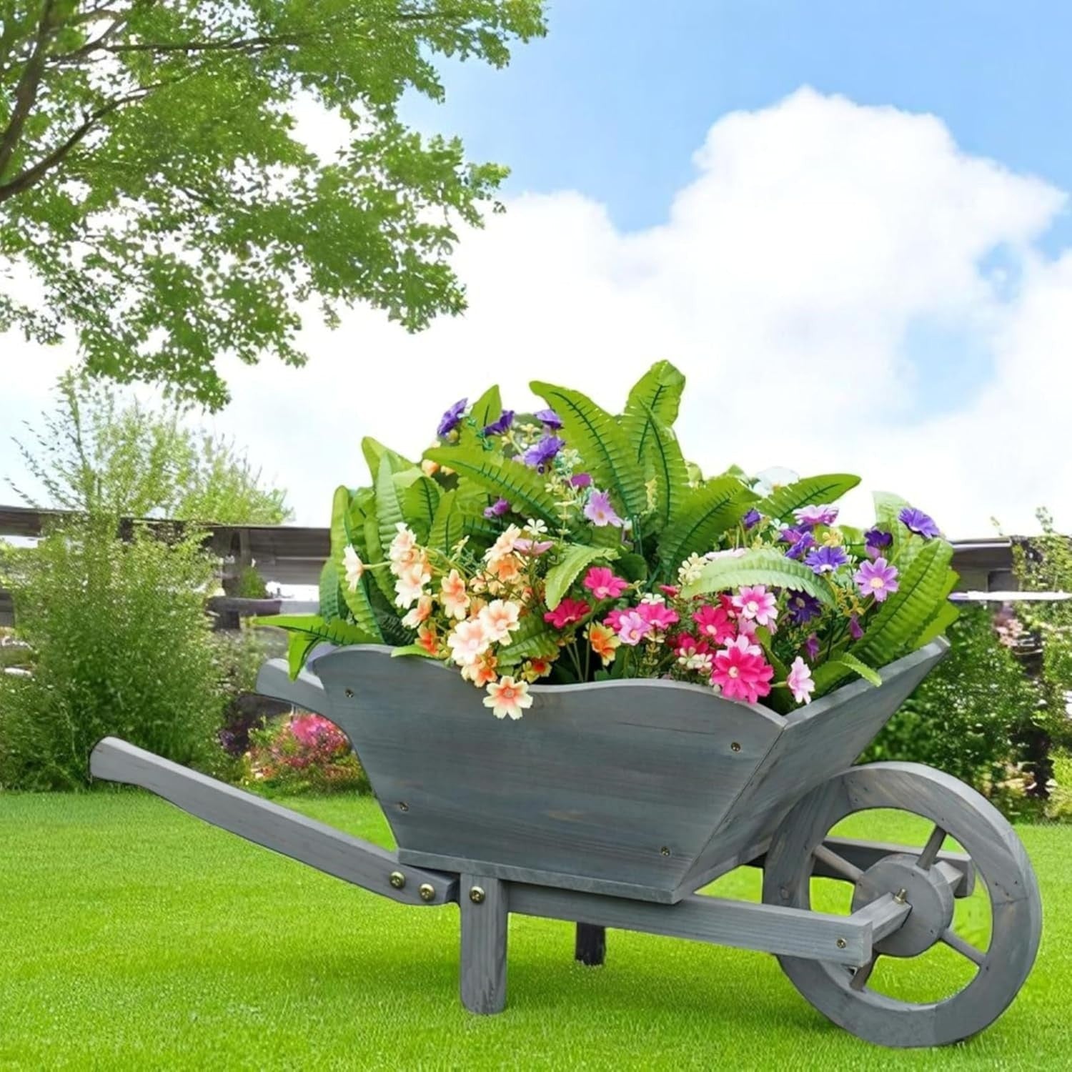 69cm Wooden Wheelbarrow Planter – Grey – Rustic Outdoor Garden Decor w/ Handles