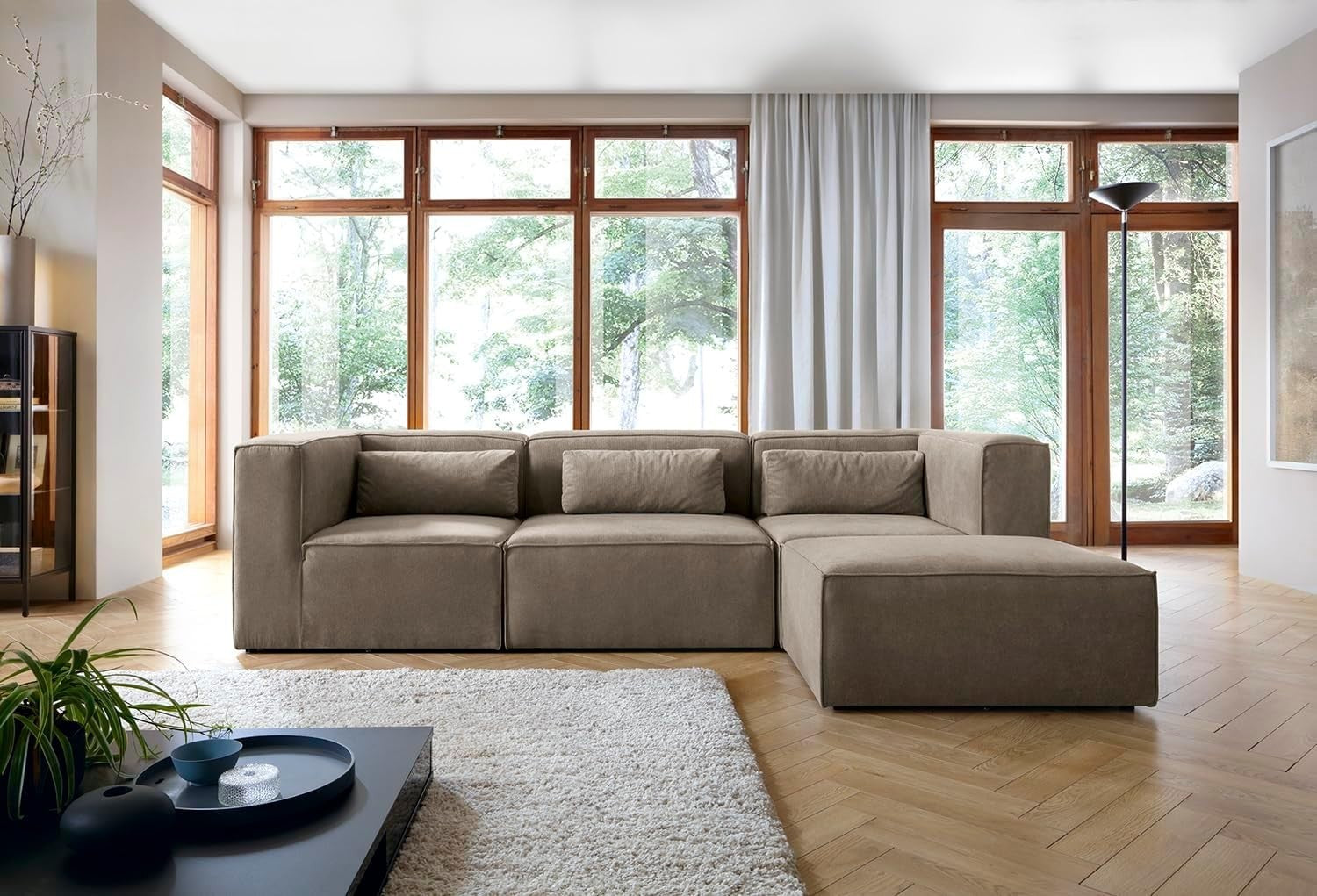Brown Corner Sofa 4 Seater | L Shaped Chenille Couch | Reversible Modular