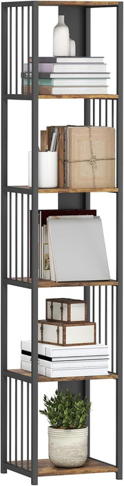 Tall 5-Tier Industrial Bookcase with Steel Frame & Open Shelves – Rustic Brown