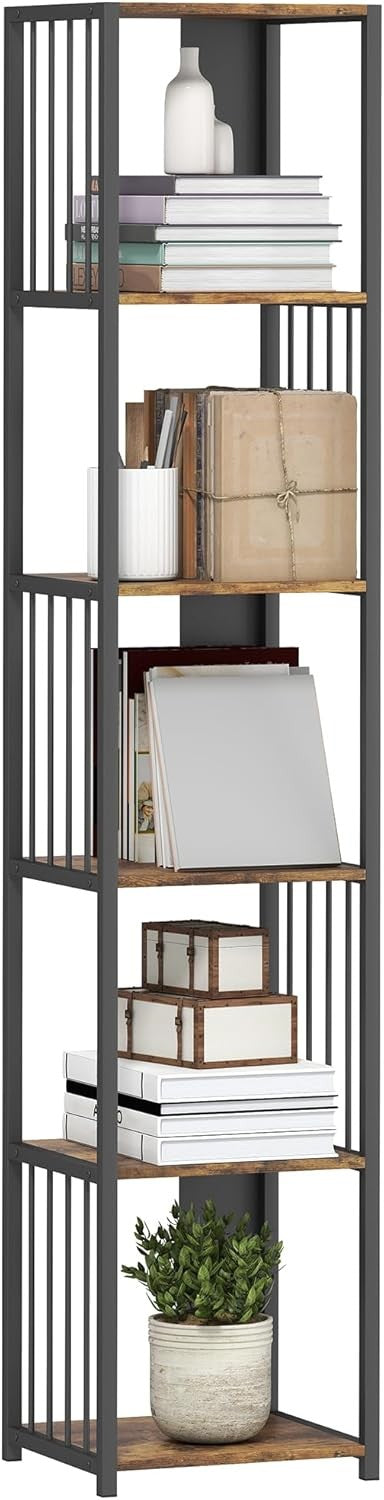 Tall 5-Tier Industrial Bookcase with Steel Frame & Open Shelves – Rustic Brown