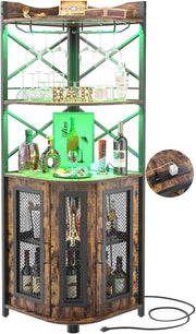Corner Bar Cabinet with LED Lights & Power Outlets, 5-Tier Rustic Liquor Display