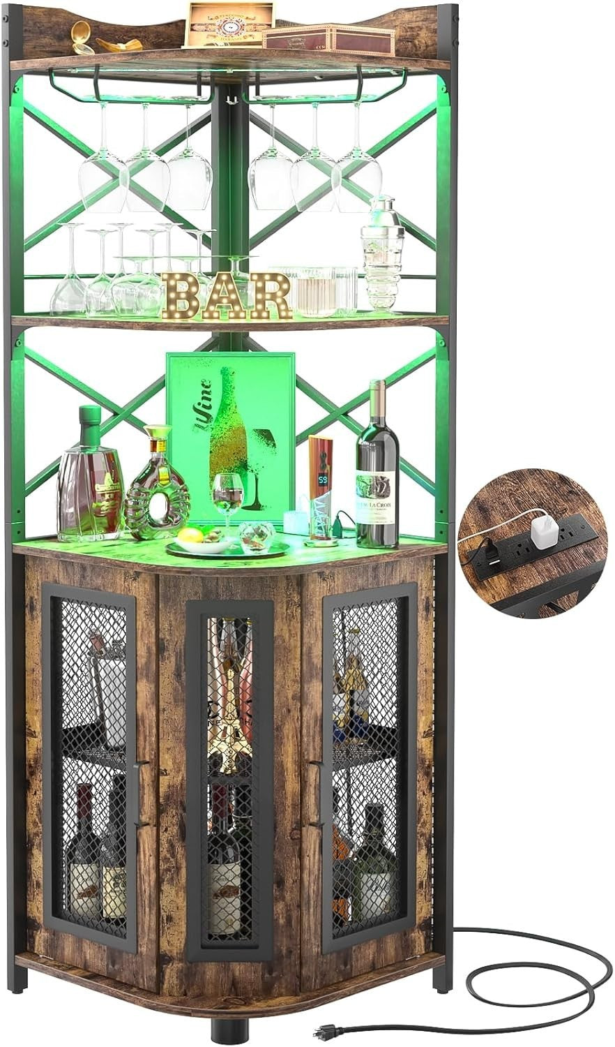 Corner Bar Cabinet with LED Lights & Power Outlets, 5-Tier Rustic Liquor Display