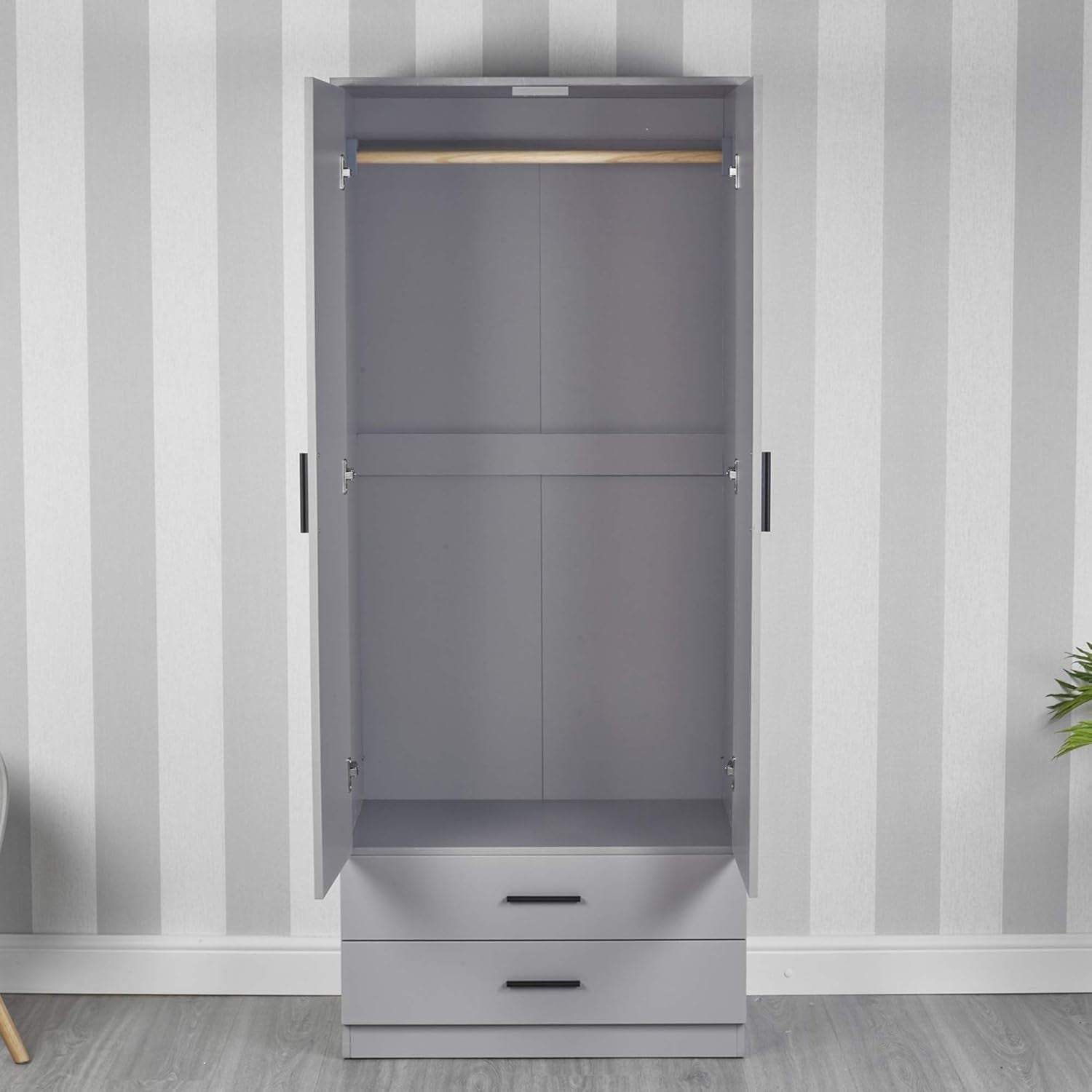 Tall Grey 2 Door Wardrobe with Grey Drawers & Hanging Rail | Bedroom Storage