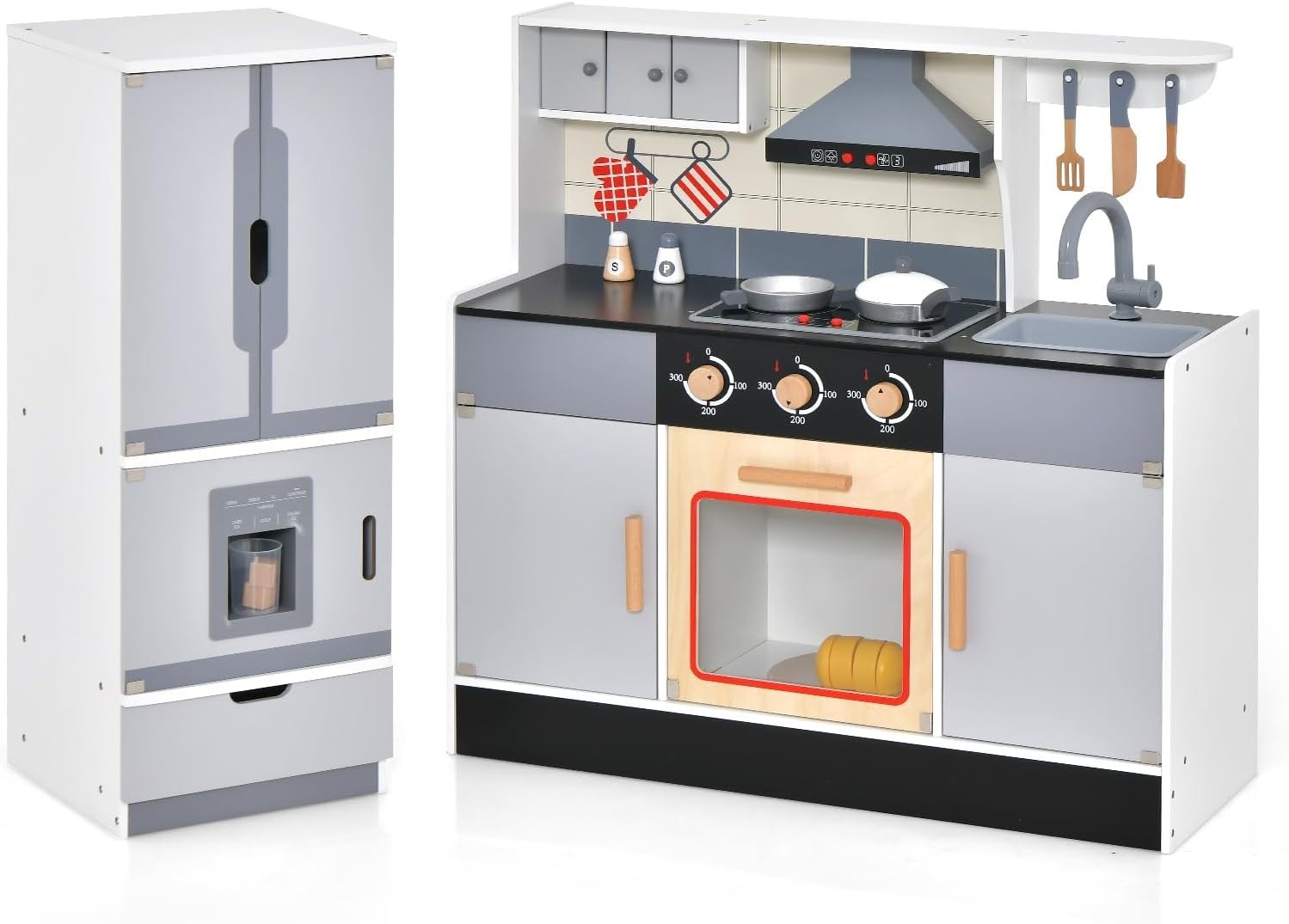 Wooden Kids Play Kitchen Set w/ Fridge Lights Sounds Accessories