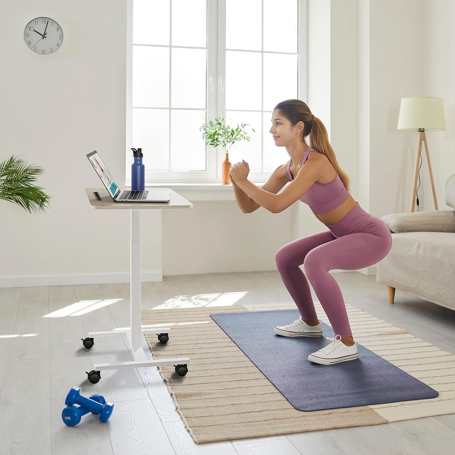 Mobile Standing Desk Height Adjustable Rolling Laptop Table Sit Stand Oak