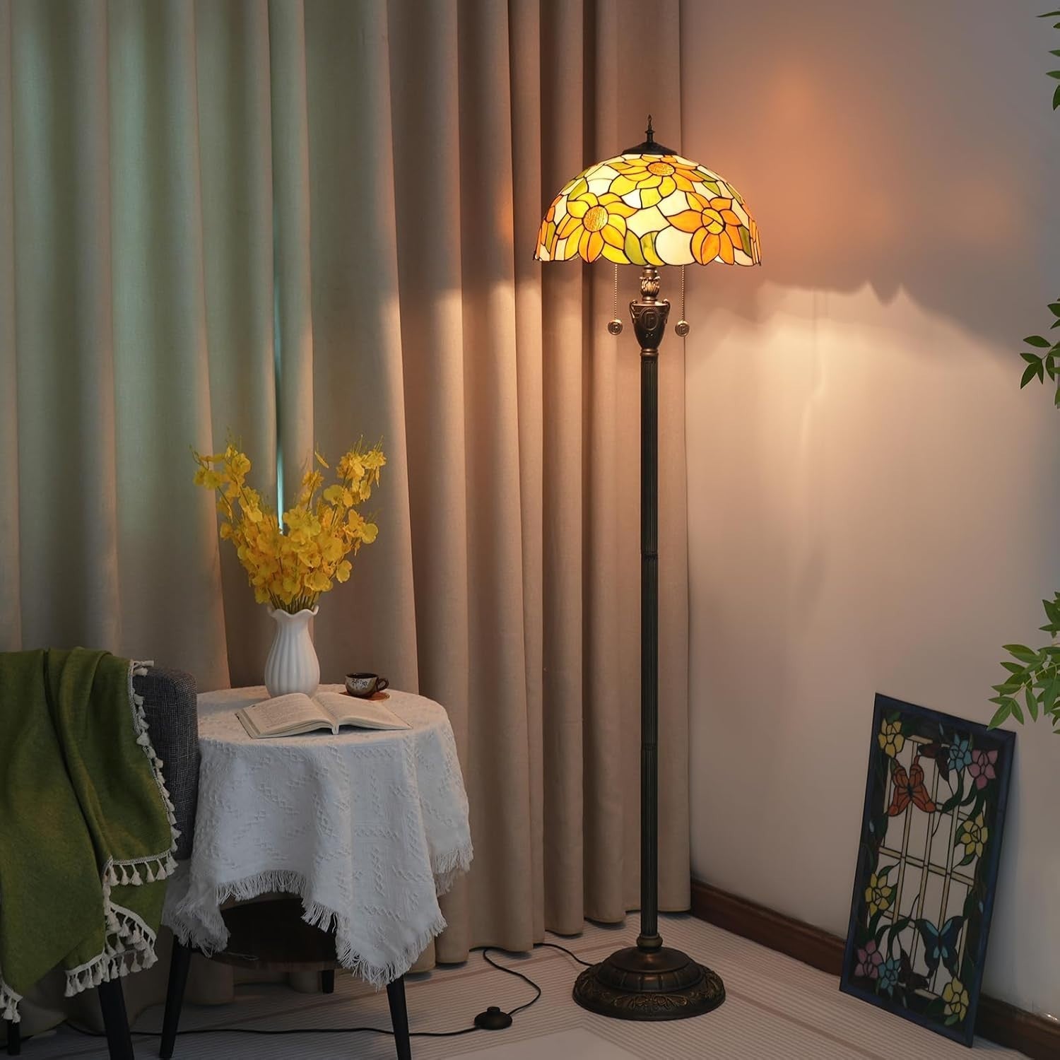 Sunflower Stained Glass Floor Lamp with Foot Switch & Vintage Bronze Base