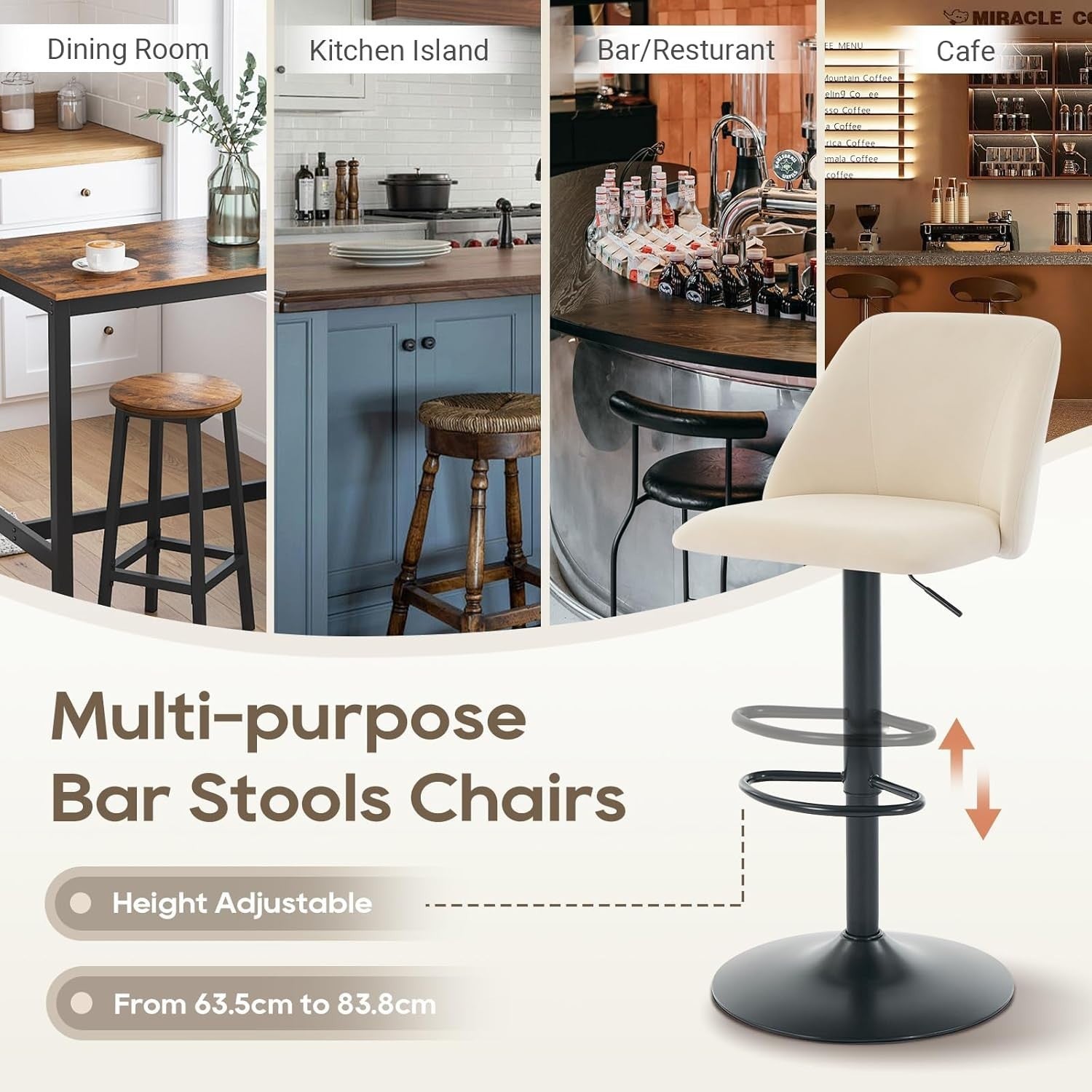 Adjustable Swivel Bar Stools Set of 2 | Square Fabric Seat, Metal Base