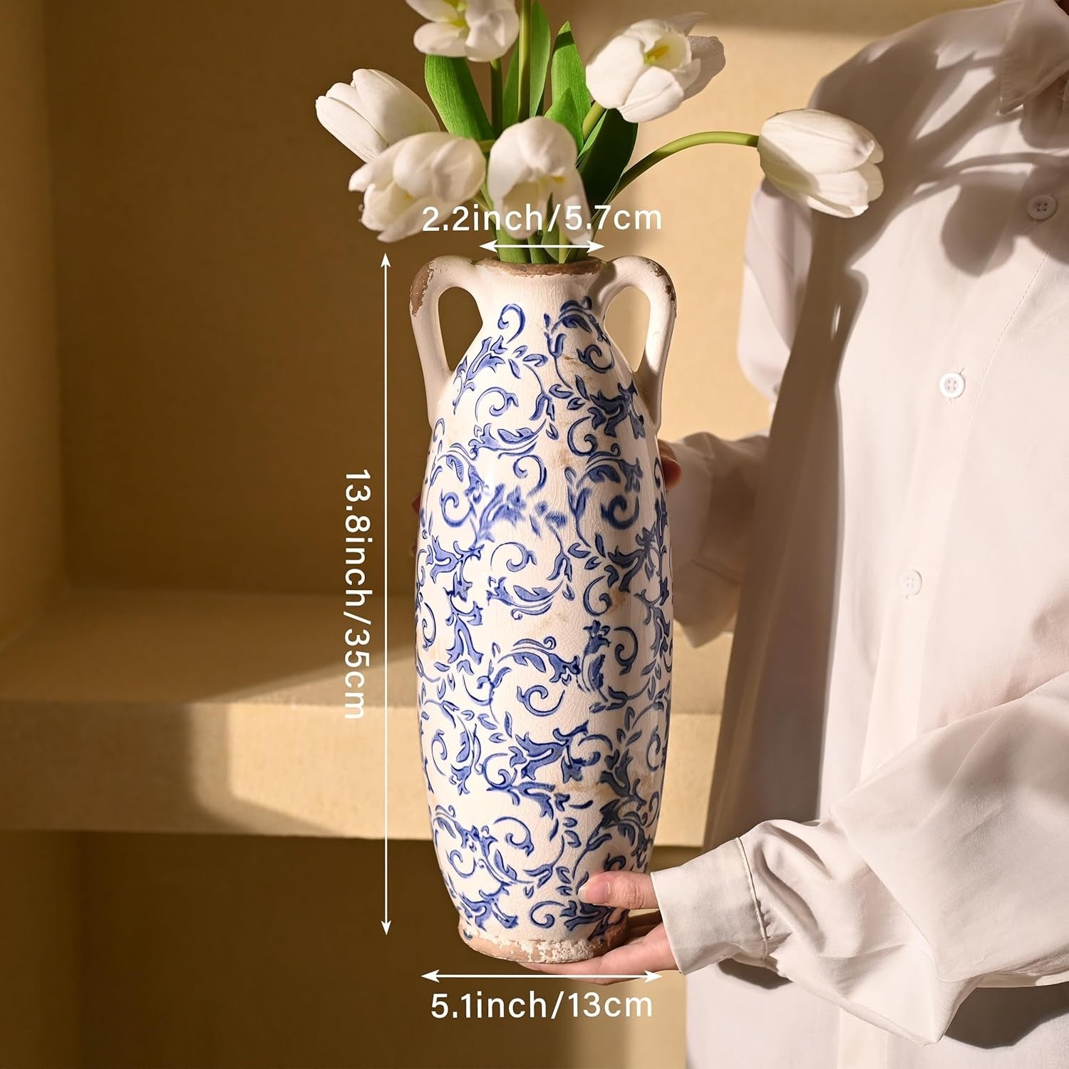 Tall Blue White Ceramic Floor Vase for Pampas Grass Farmhouse Decor 14"