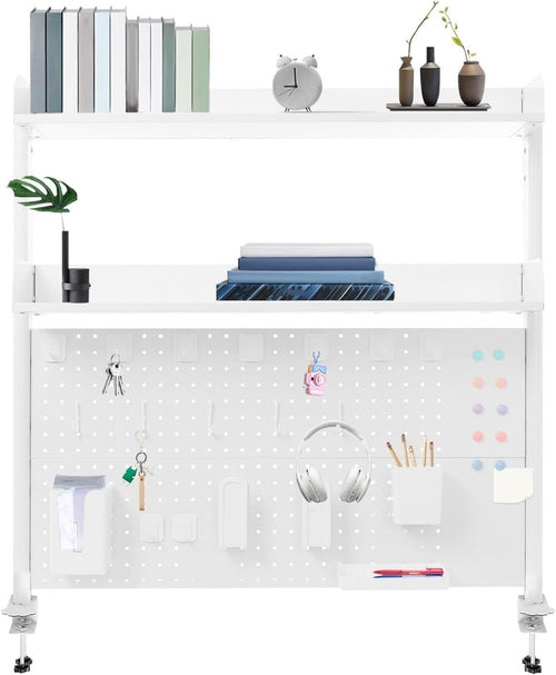 Clamp-On Desk Pegboard 100cm 2-Tier Shelf Desktop Organizer Privacy Panel