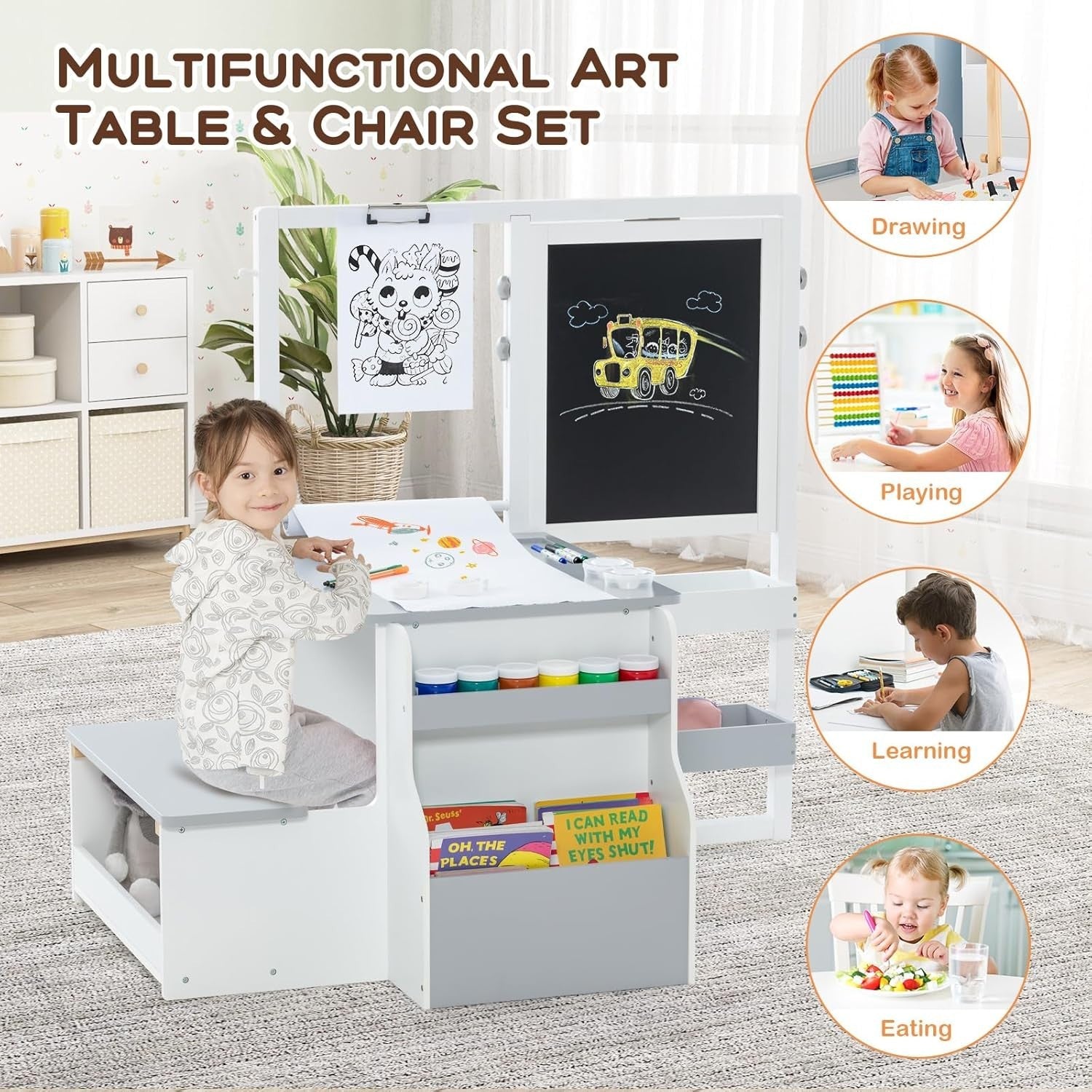 Kids Art Table with Double-Sided Easel, Storage, Paper Roll & Bench Set