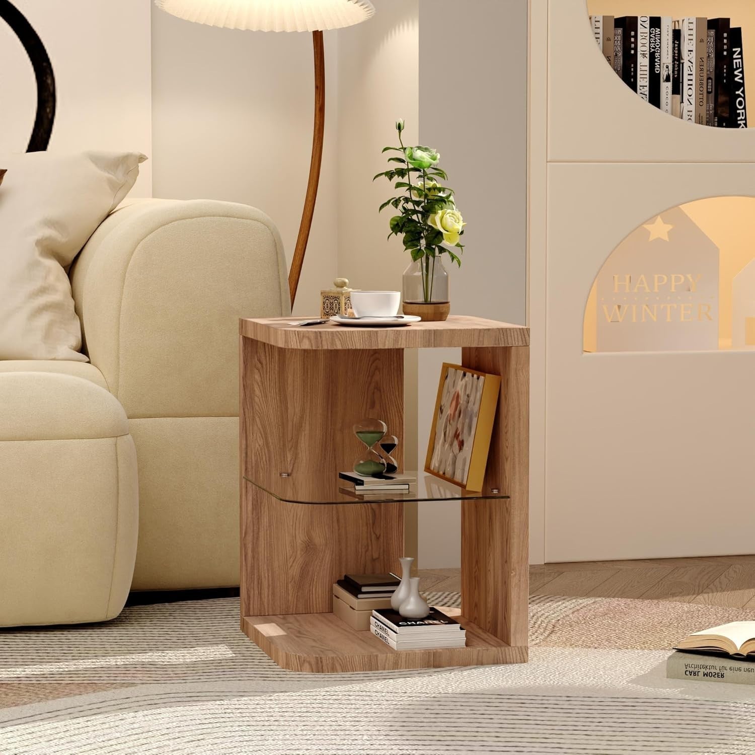 Wood & Glass Coffee Side Table with Storage – Modern End Table 40x40x55cm