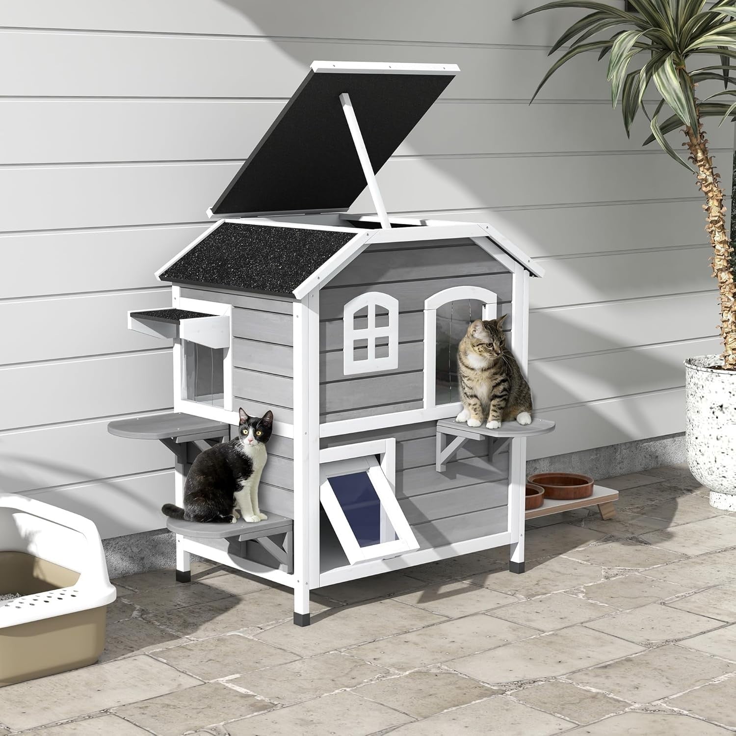 Large Outdoor Wooden Cat House Two-Story Shelter 91x78x55.5cm Durable